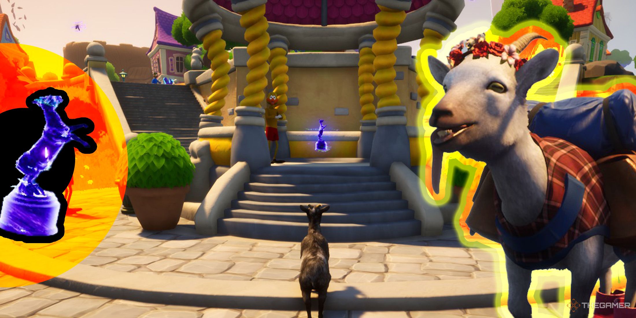 There is a trinket image on the left side of the gazebo background, and on the right side, there is an image of Pilgor. in Goat Simulator 3 Multiverse of Nonsense.