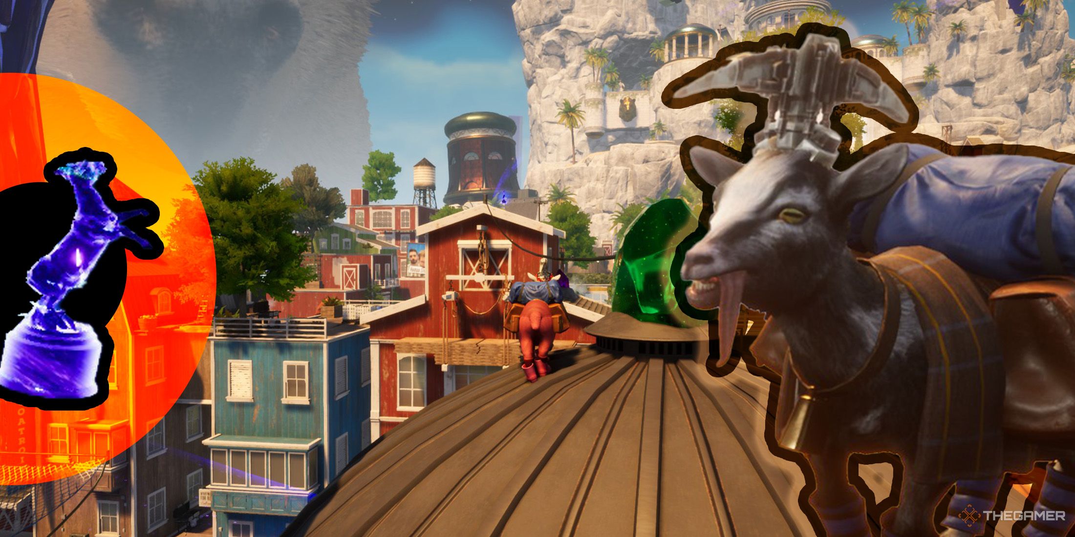 There is a trinket image on the left side of the roofs background, and on the right side, there is an image of Pilgor in Goat Simulator 3 Multiverse of Nonsense.