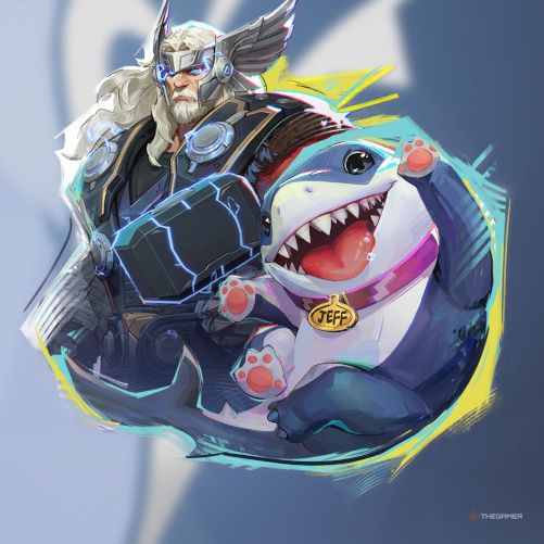 The Tooth And Hammer Spray in Marvel Rivals features a picture of Thor and Jeff The Land Shark standing together.