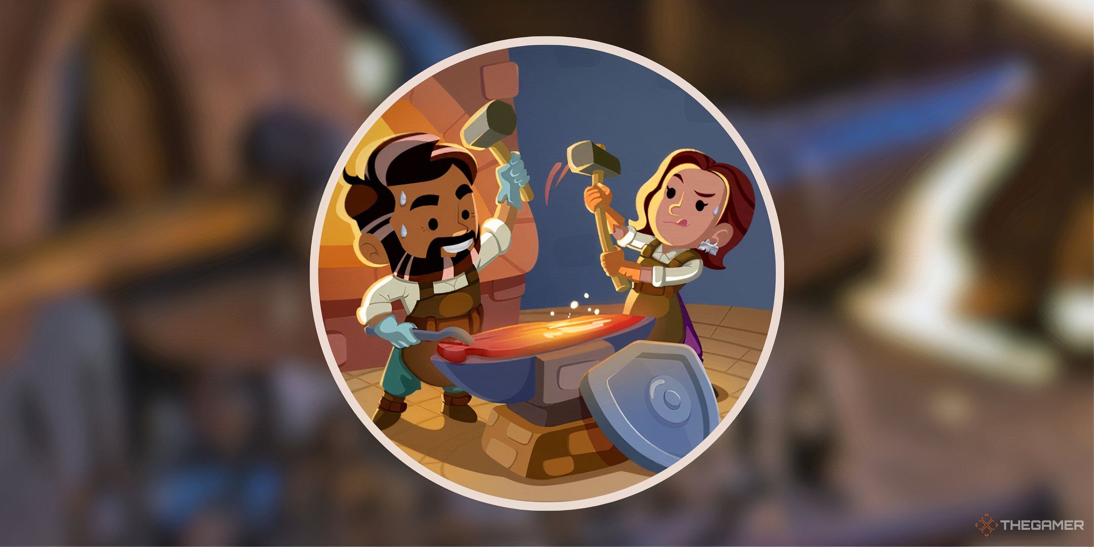 Two characters from Craft Clash in Monopoly Go over a blurred image of a real anvil.