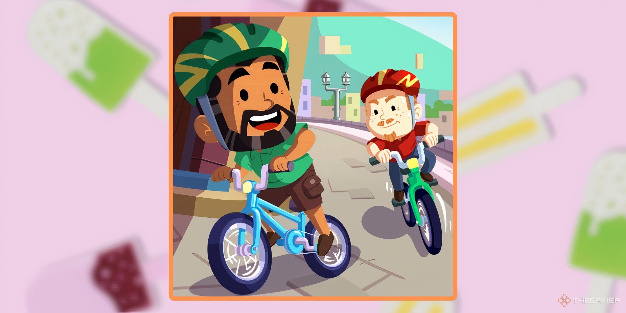 Two characters from Sightseeing Sprint in Monopoly Go over a background of colorful popsicles.