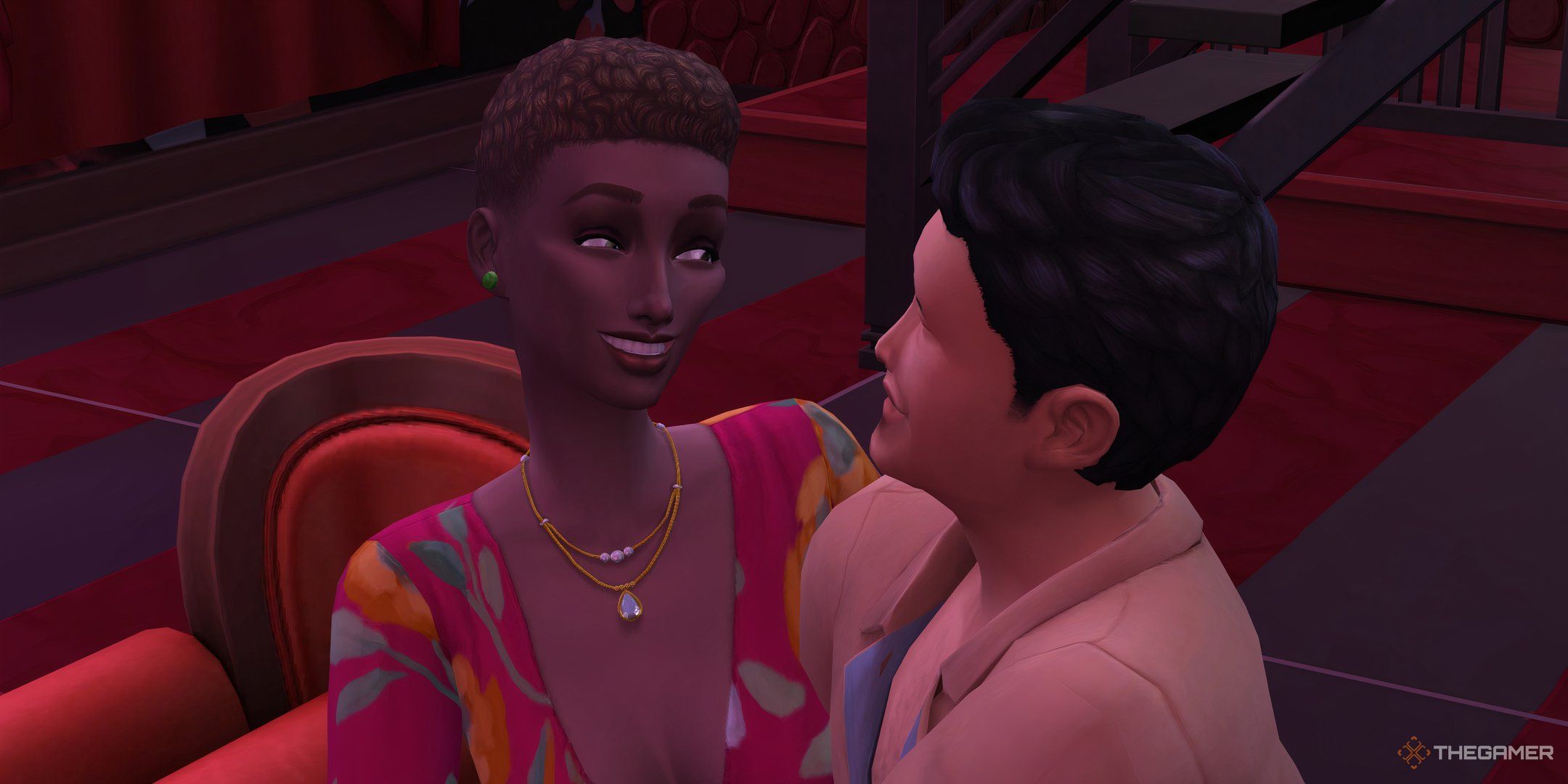 Two Sims hug on a couch in a nightclub in The Sims 4 Lovestruck.