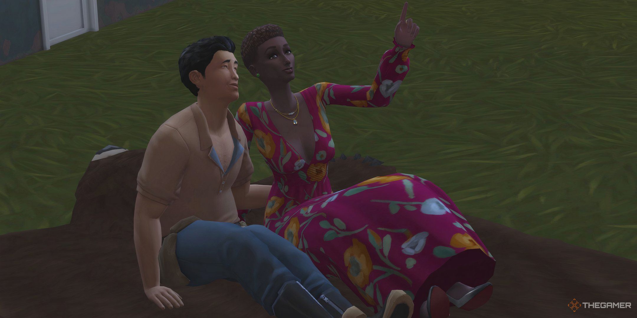 Two Sims stargazing on the romantic bear rug in The Sims 4 Lovestruck.