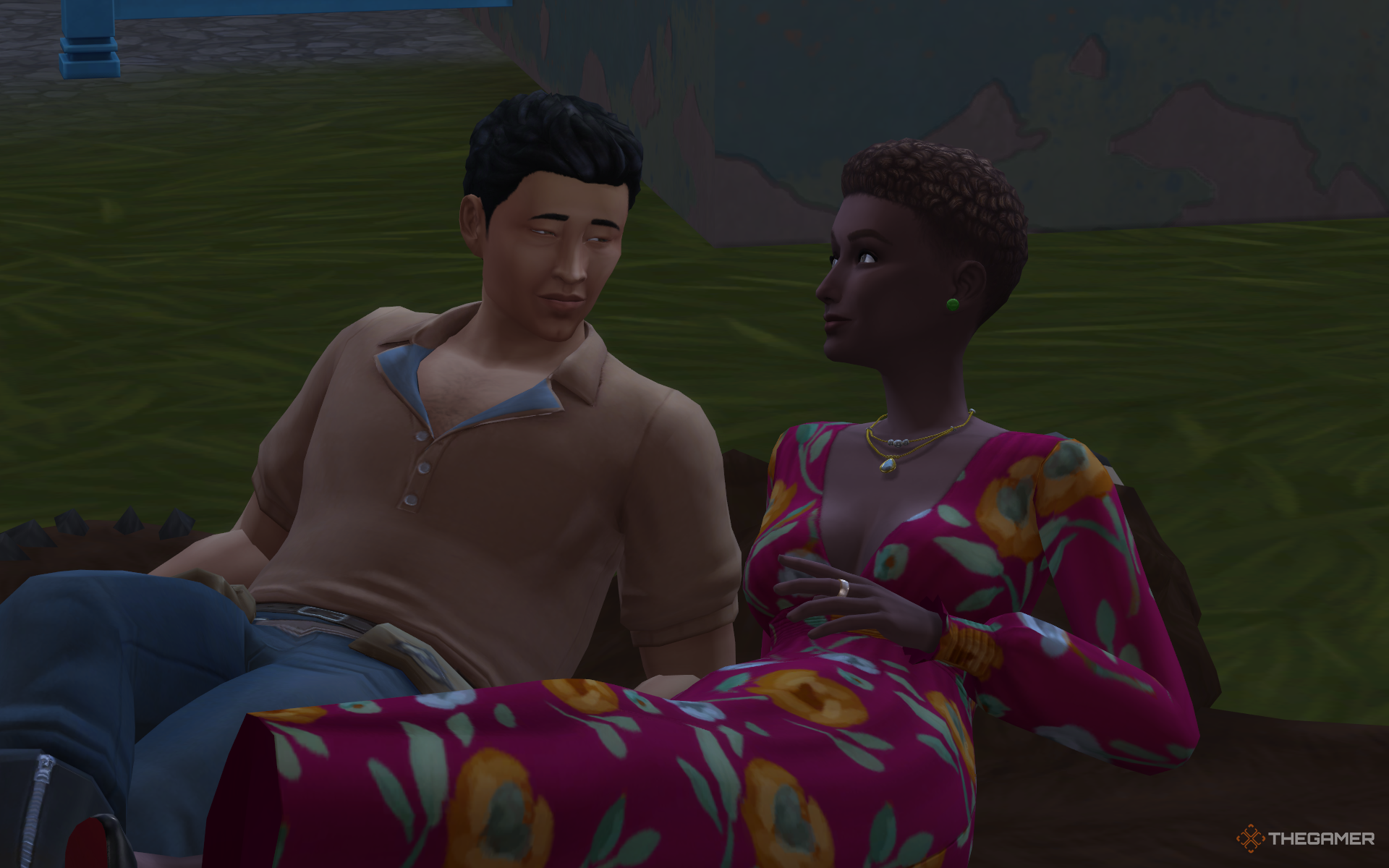 Two Sims with very different expressions on a date in The Sims 4 Lovestruck.