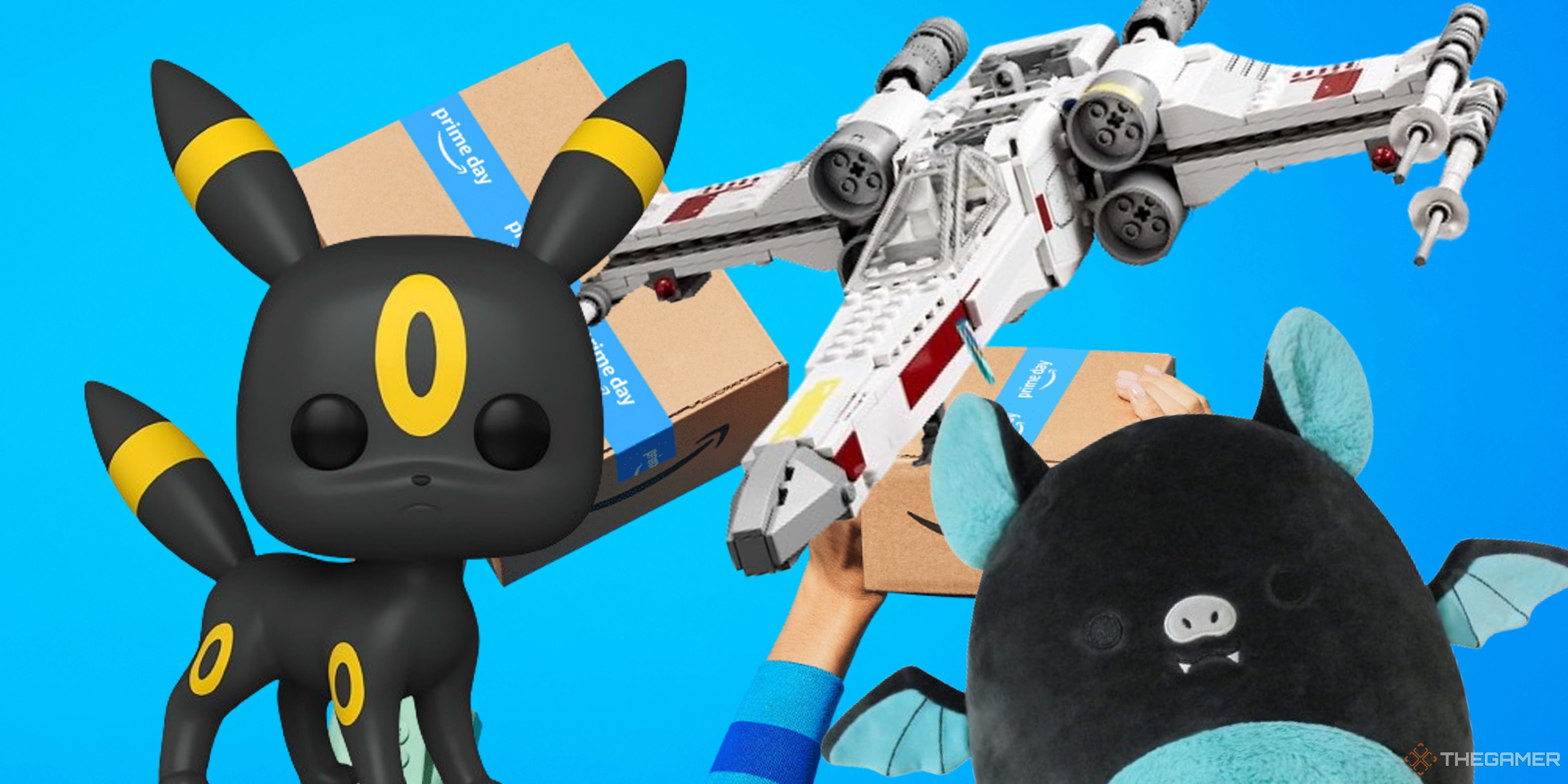 umbreon funko pop x-wing lego set and fruit bat squishmallow on a prime day background