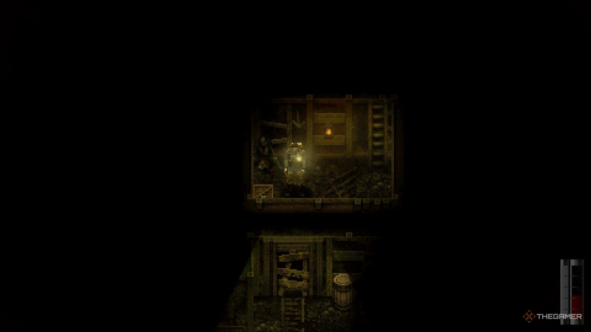 A player using the Trench Torch to illuminate the mineshaft under the Mess Hall in Conscript.
