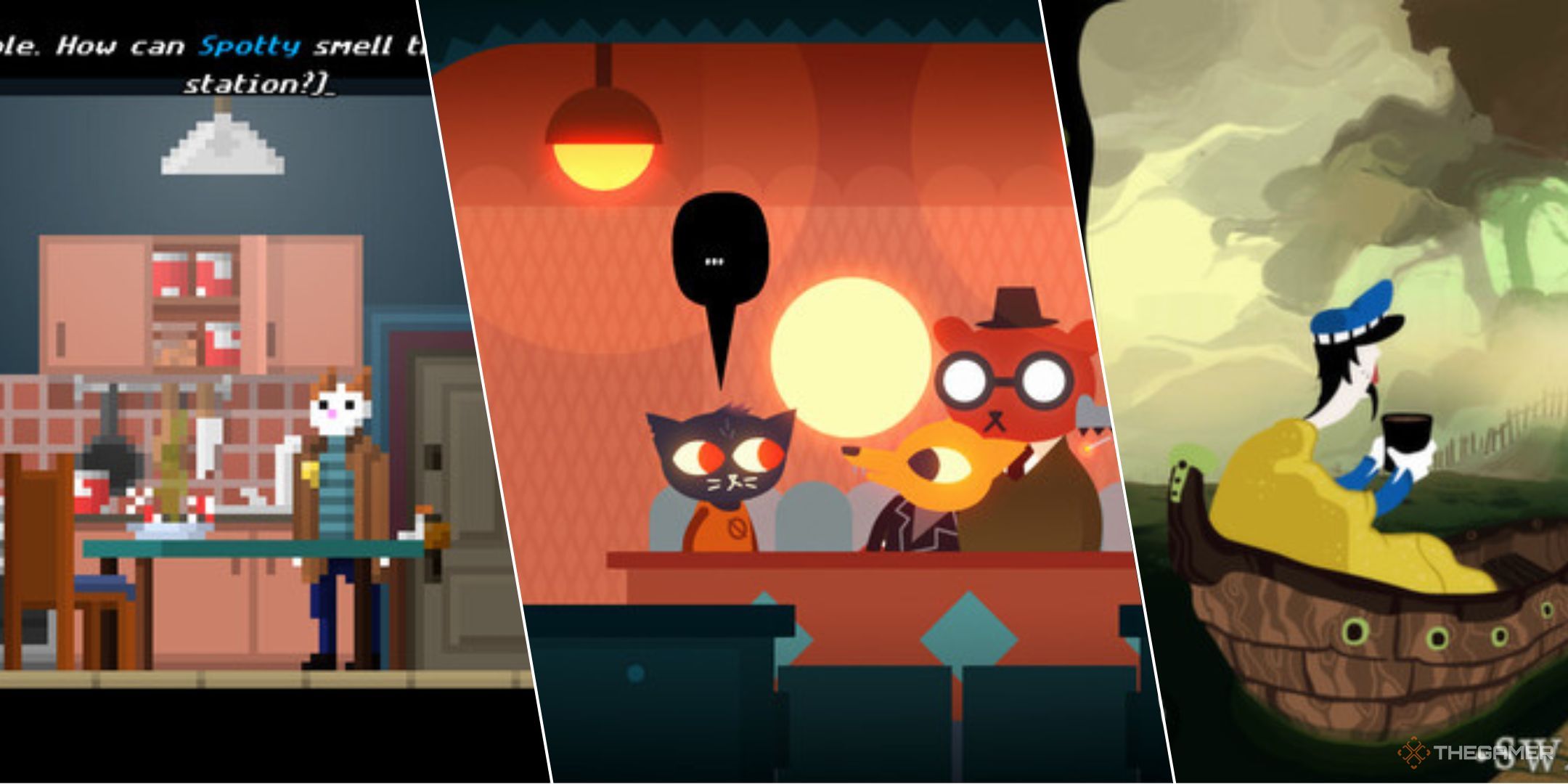 Inspector Waffles in kitchen Night in the Woods Mae and friends at table Detective Grimoire boat scene