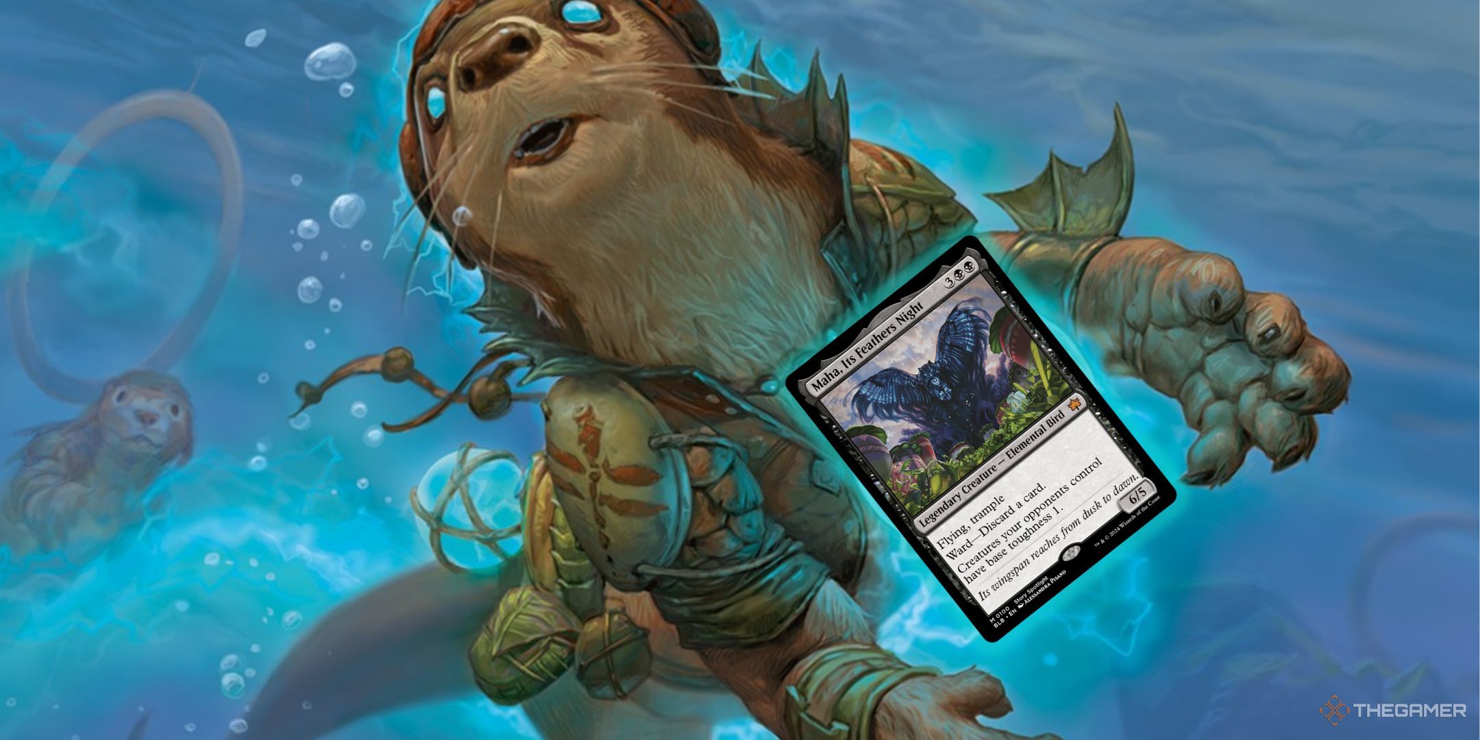 Magic: The Gathering card art for Kitsa, Otterball Elite by Zoltan Boros + card image of Maha, Its Feathers Night