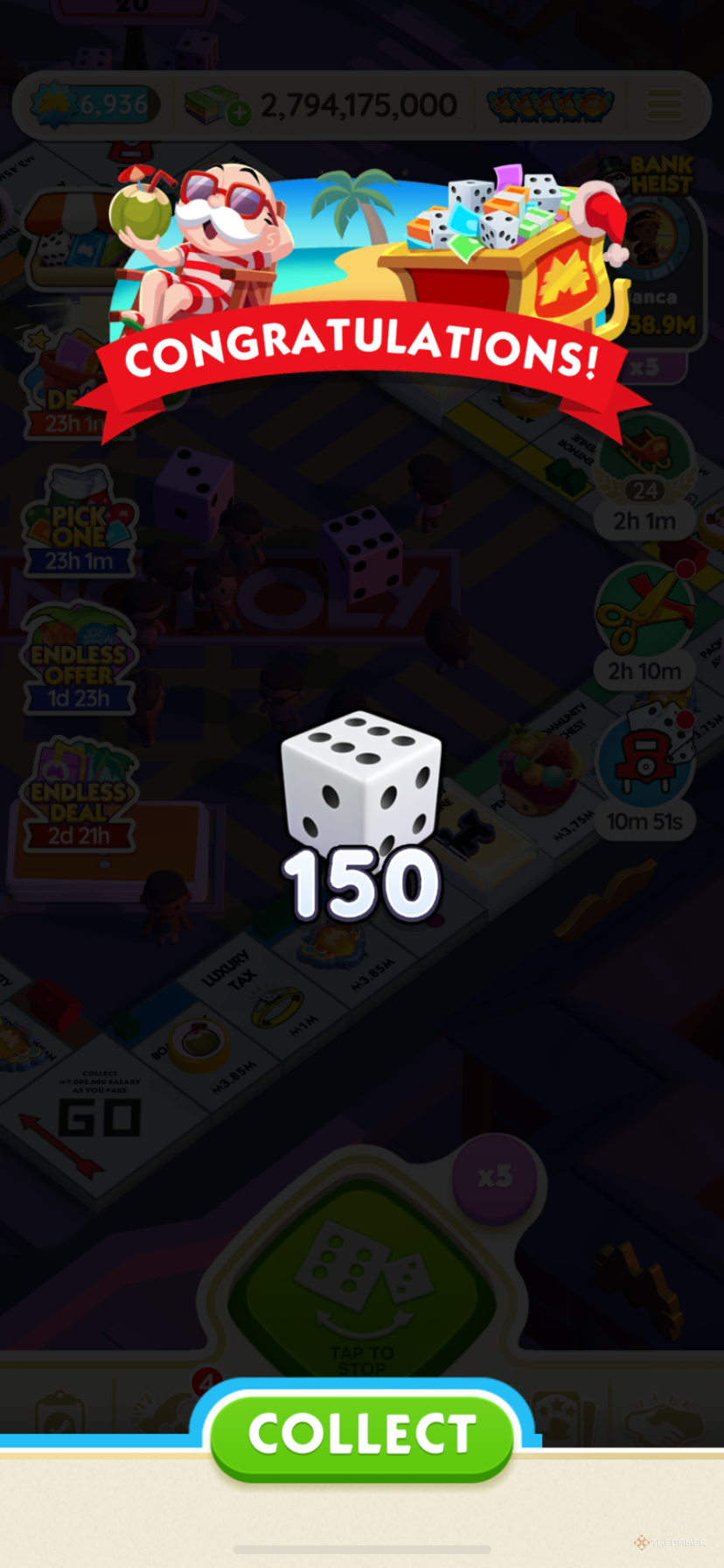 Winning 150 dice rolls in Monopoly Go Seasonal Splendors.