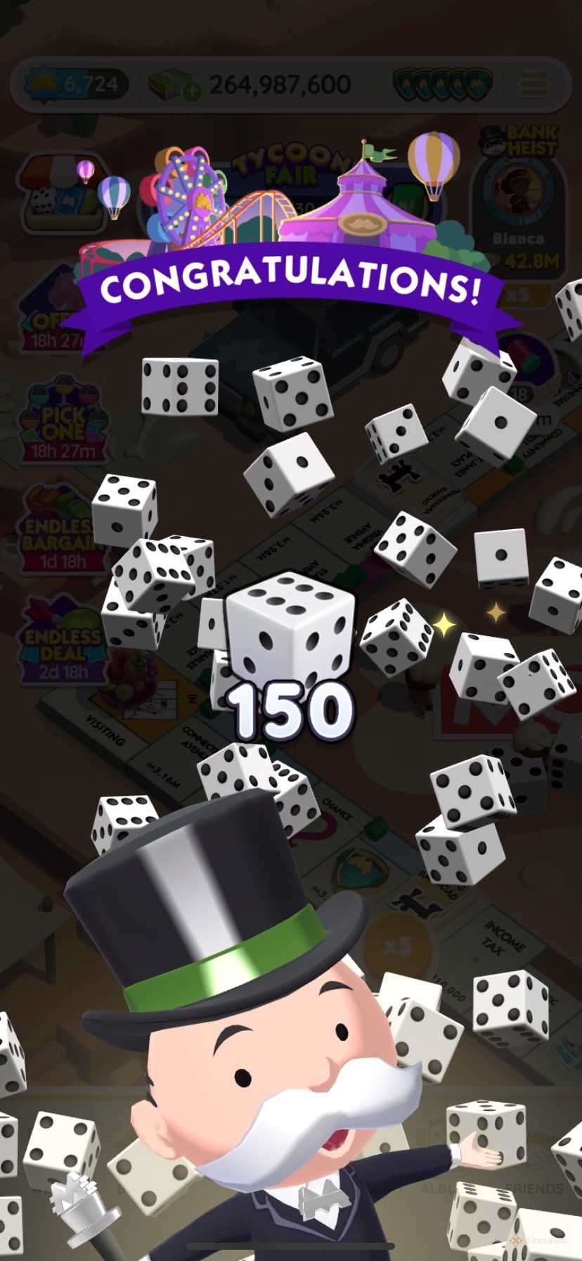 Winning 150 free dice rolls in Monopoly Go from Tycoon Fair.