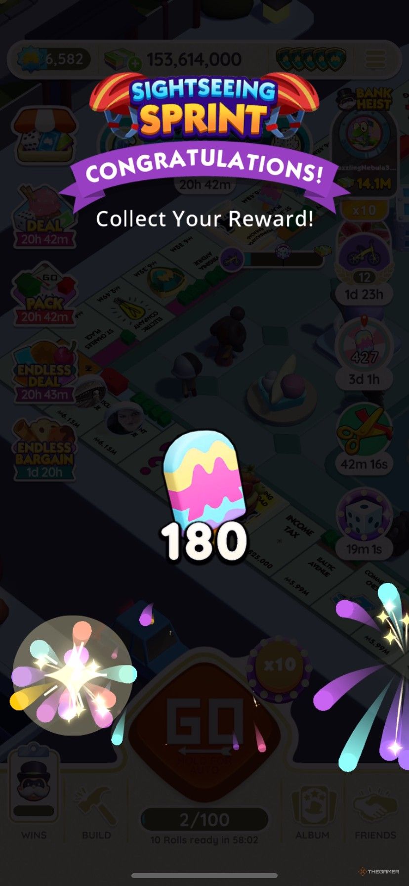 Winning 180 popsicle tokens in Sightseeing Sprint in Monopoly Go.