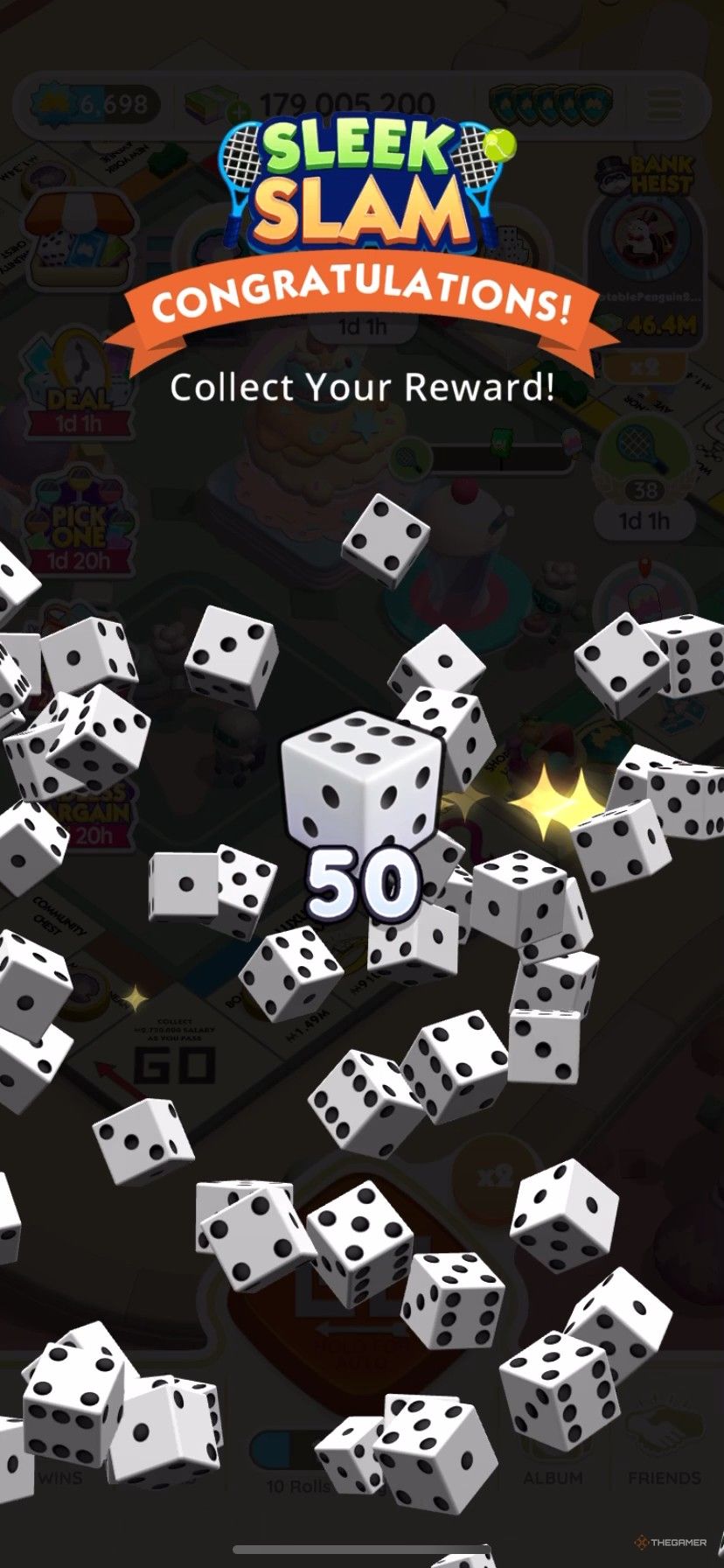 Winning 50 extra Monopoly Go dice rolls in Sleek Slam.