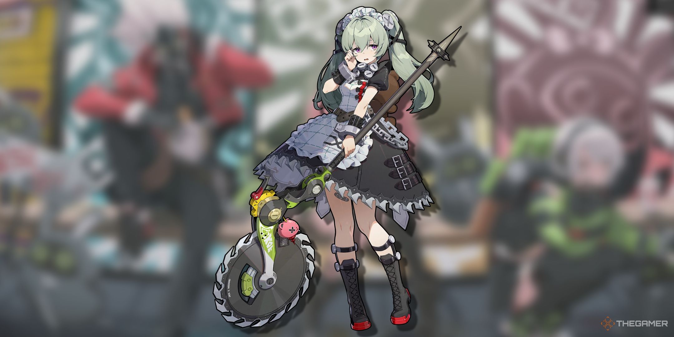 Corrin with a blurred background holding her chainsaw.