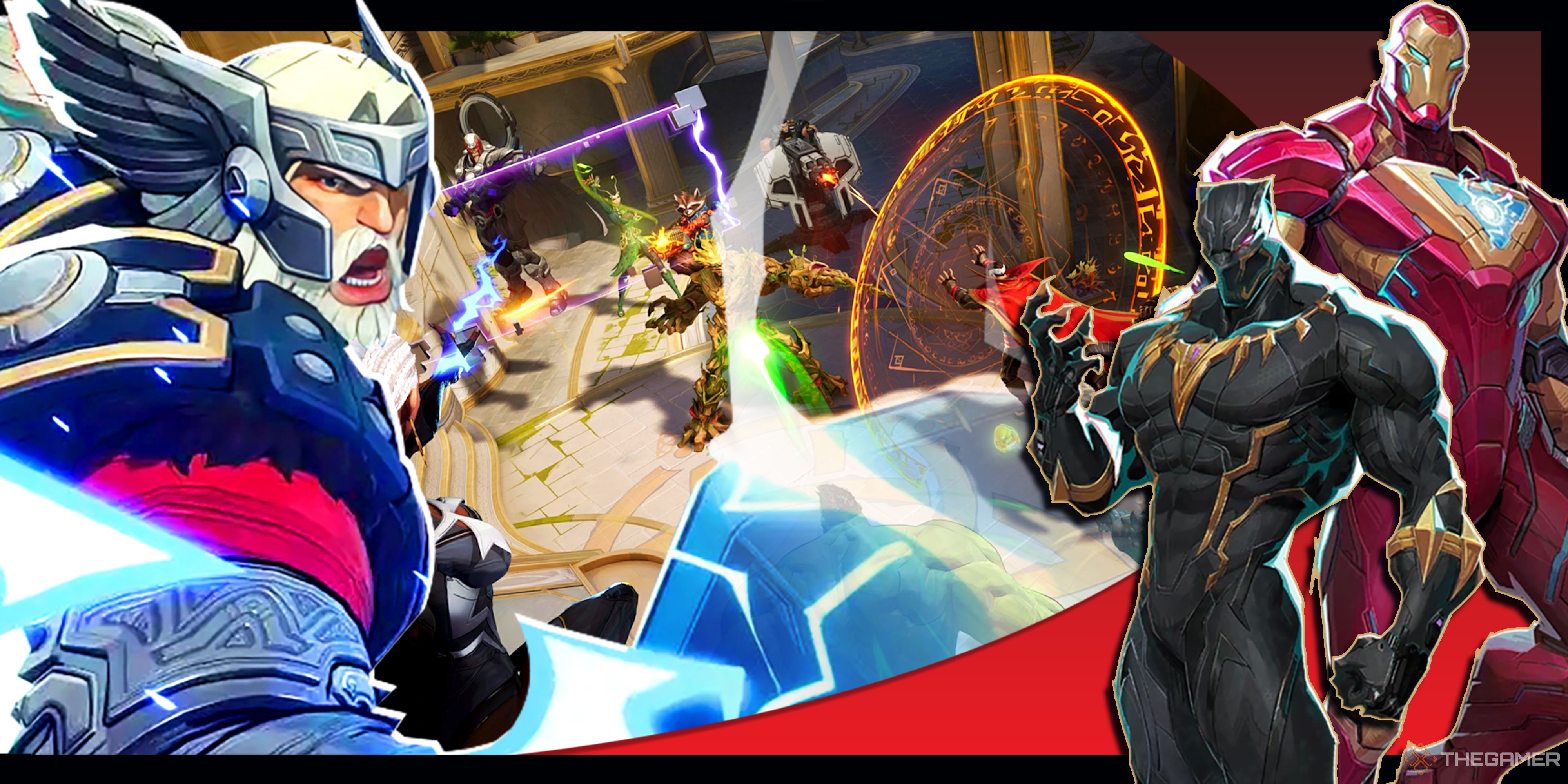 An image of Marvel Rivals' heroes battling in Yggsgard surrounded by a red frame featuring Thor, Black Panther, and Iron Man.