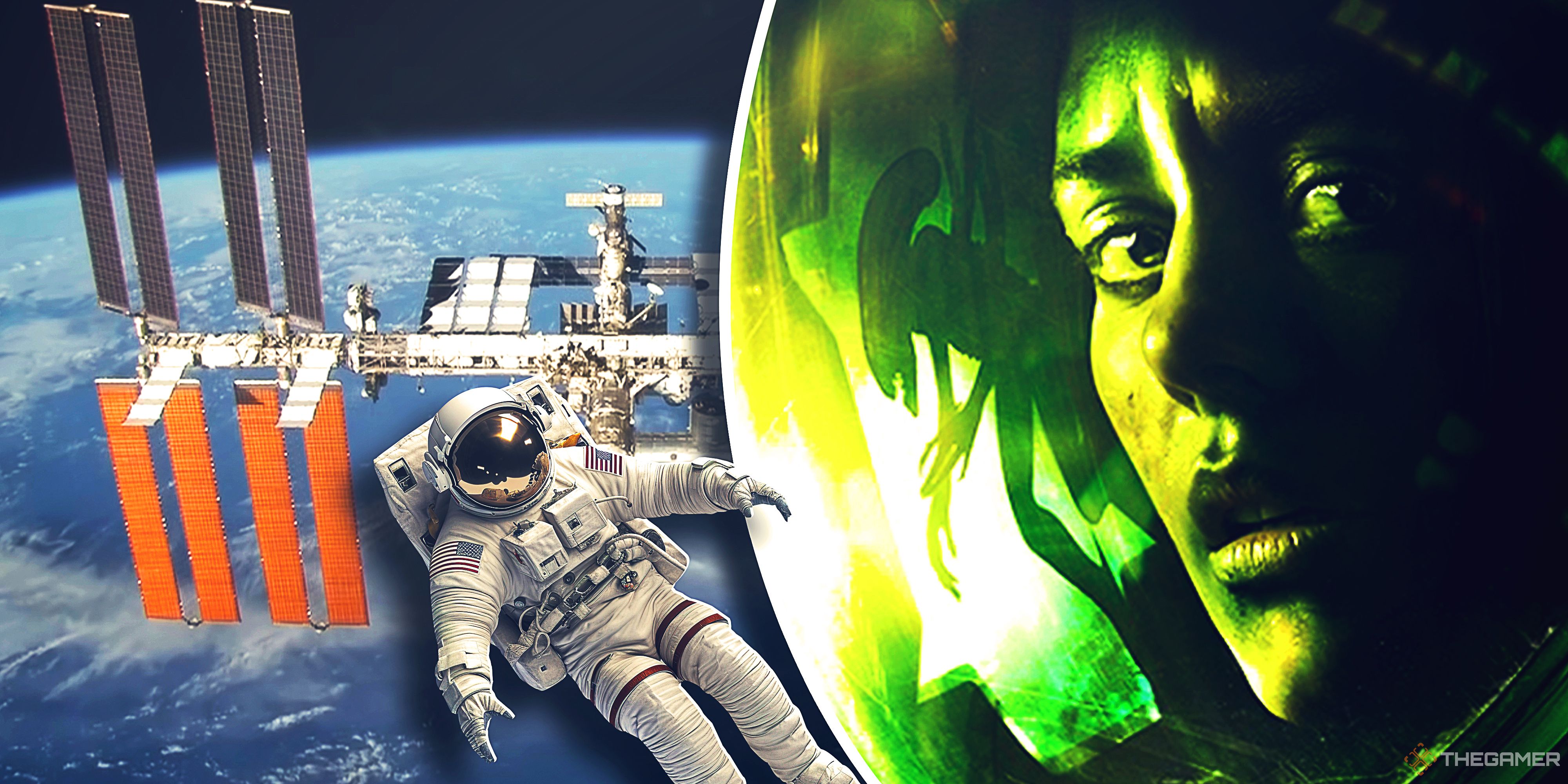 An astronaut floating in space over the International Space Station next to Amanda in Alien Isolation