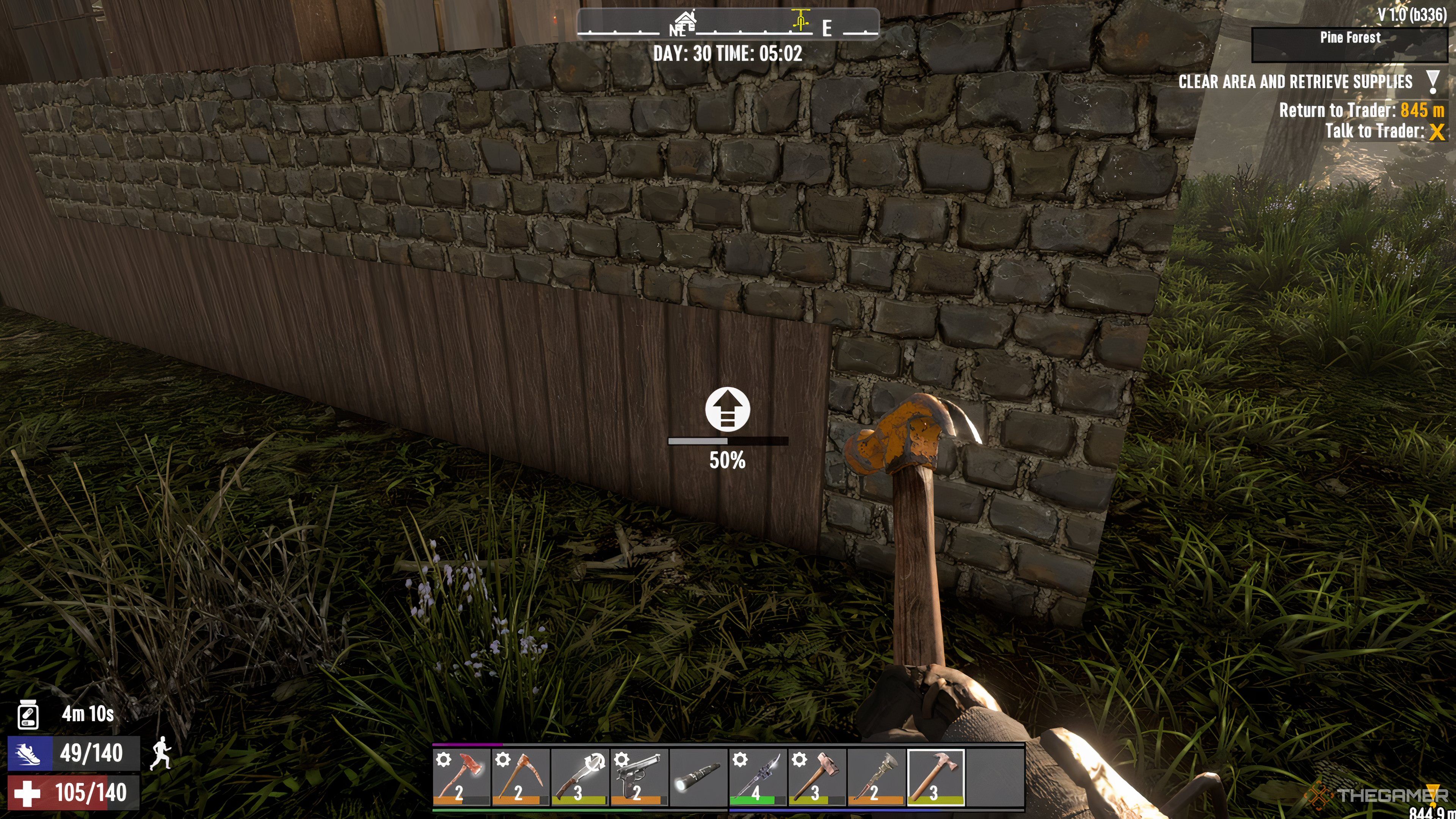 Player character uses cobblestones and a claw hammer to upgrade wooden blocks in 7 Days To Die.