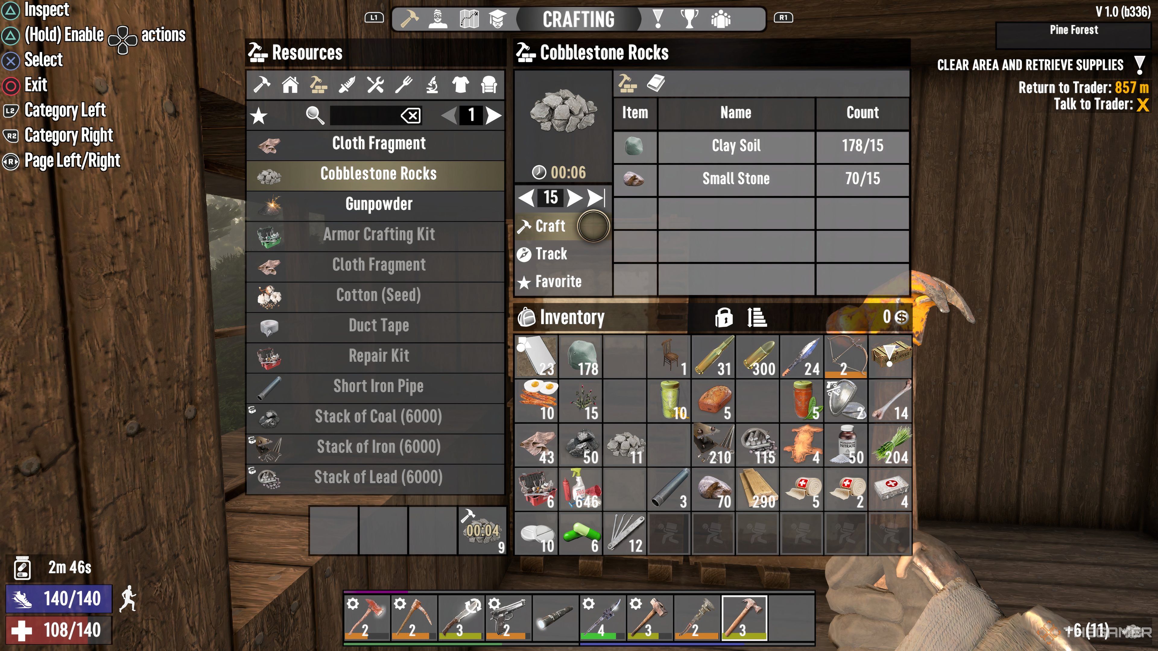 Player character crafts cobblestones in his inventory in 7 Days To Die.