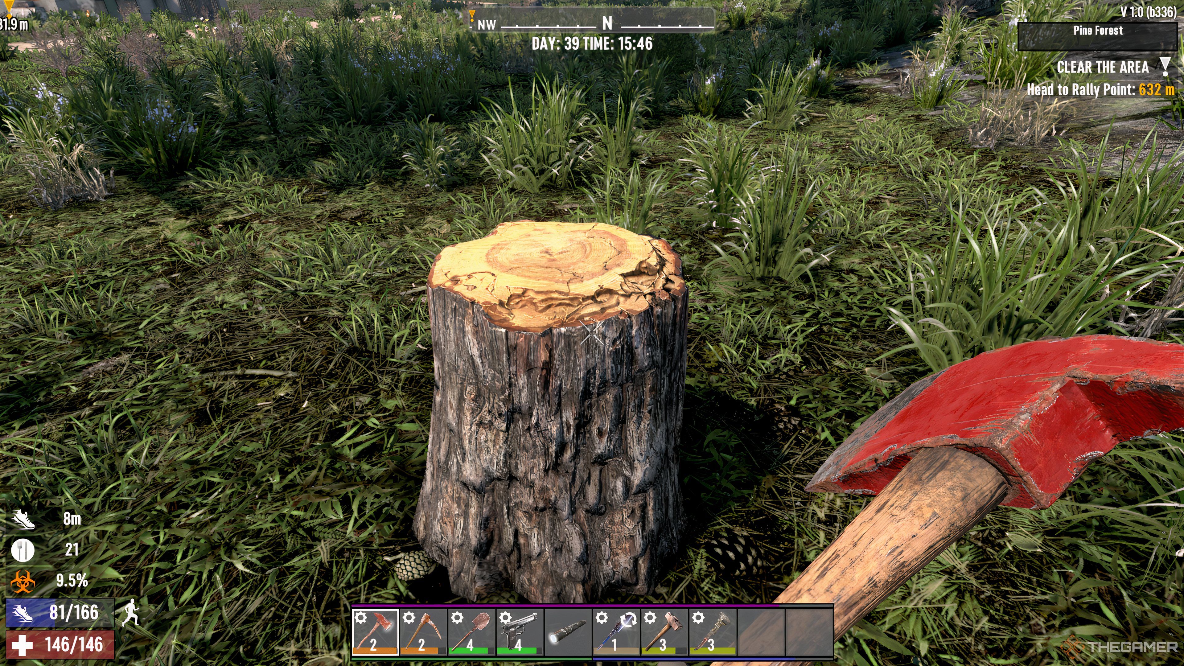 Player character stands in front of a tree stump from which he can get a jar of honey in 7 Days To Die.