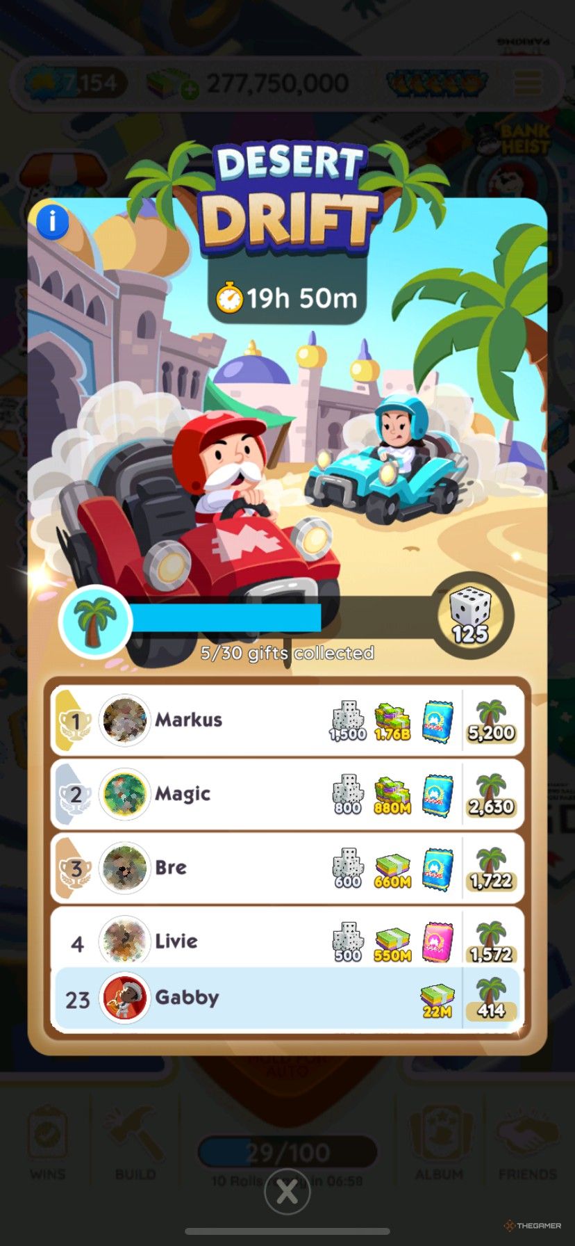 A leaderboard during Desert Drift in Monopoly Go.