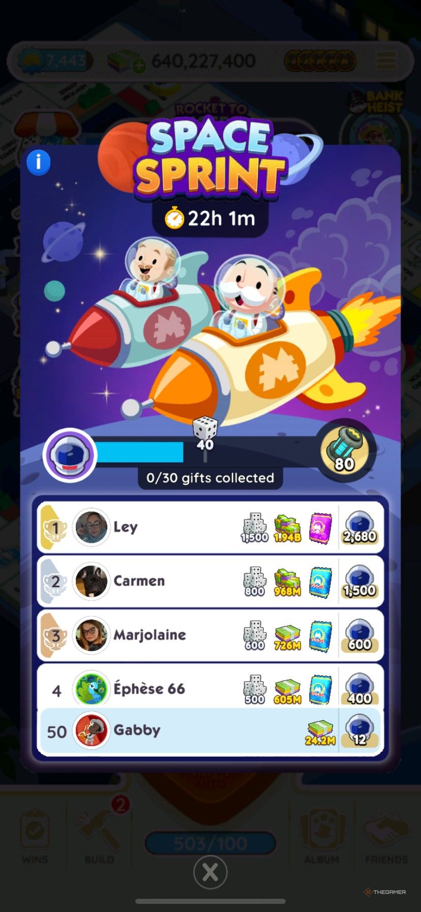 A leaderboard during Space Sprint in Monopoly Go.