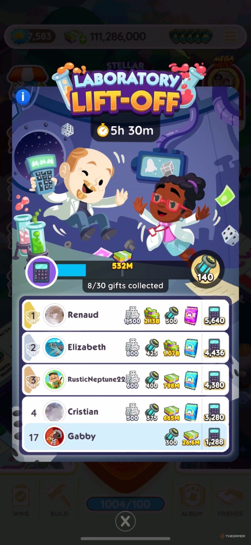 A leaderboard in Monopoly Go in Laboratory Lift-Off