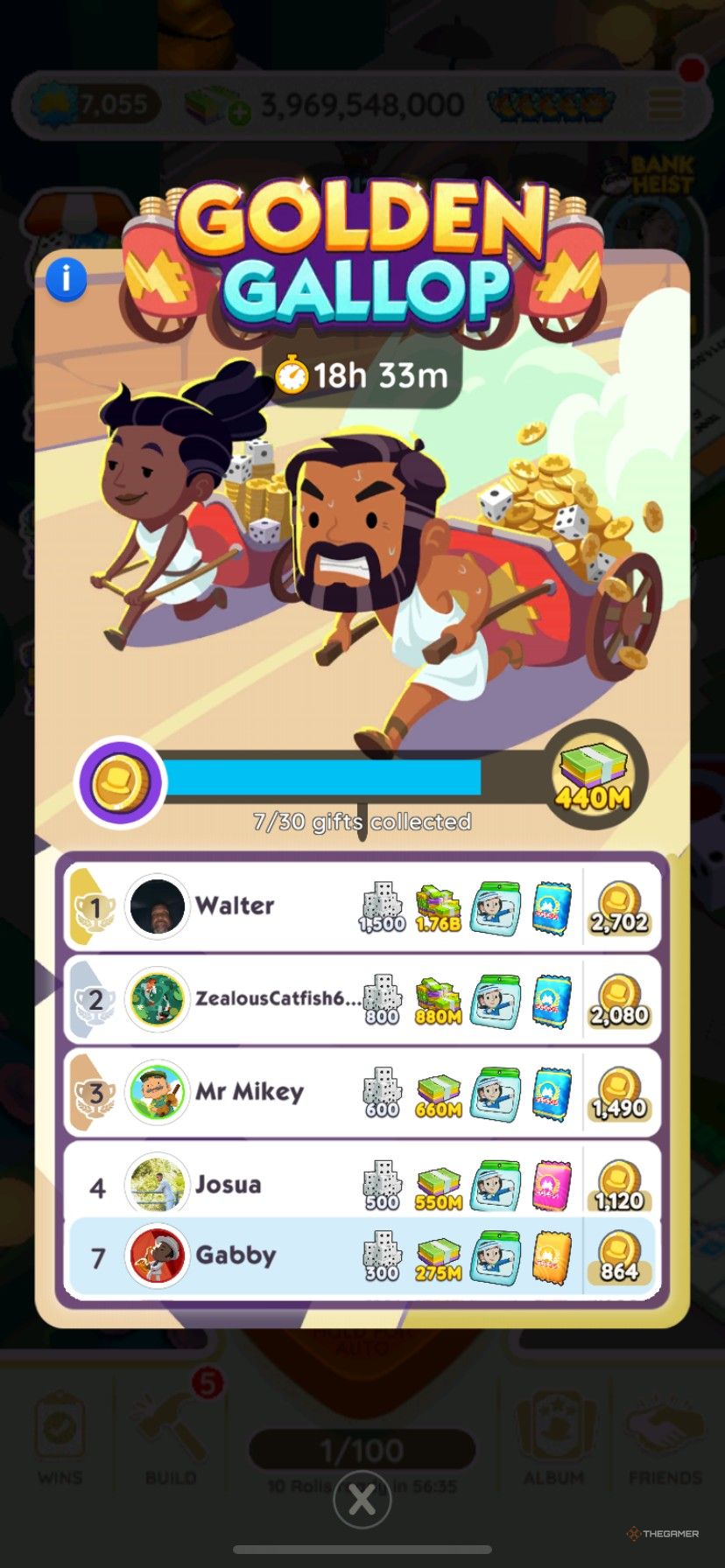 A Monopoly Go Golden Gallop rewards leaderboard showing the new emoji