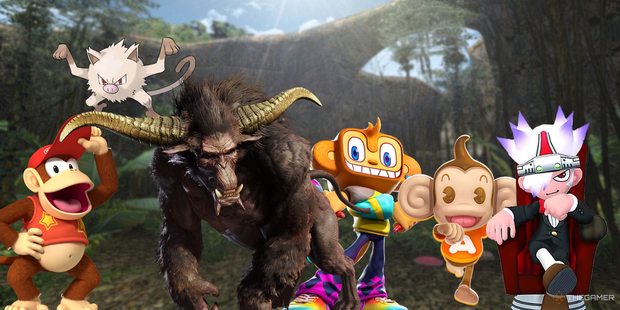 A series of monkeys from various games such as rajang from monster hunter and aiai from super monkey back all on a jungle background.