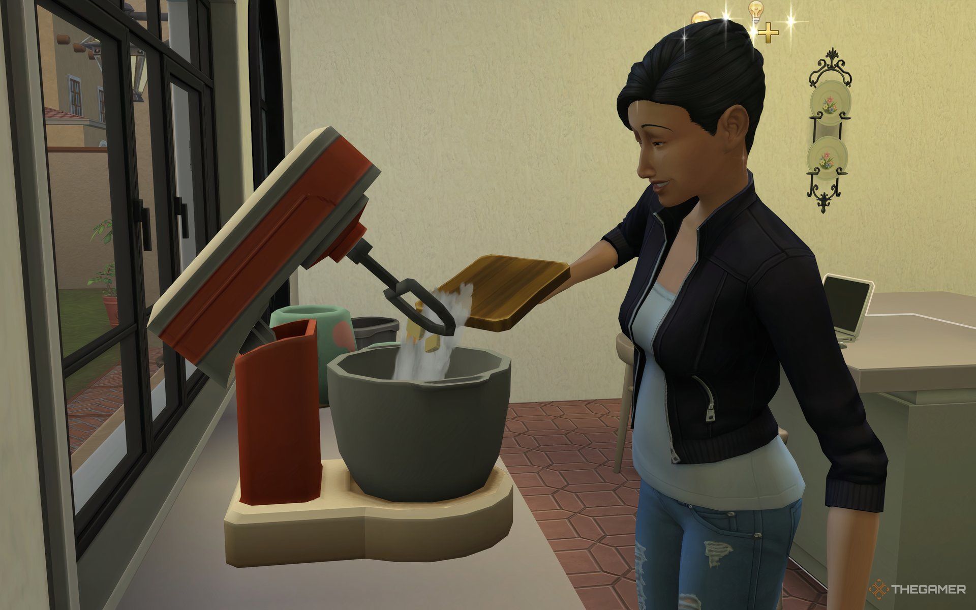 A Sim preparing dough to use at the food stall in Home Chef Hustle.