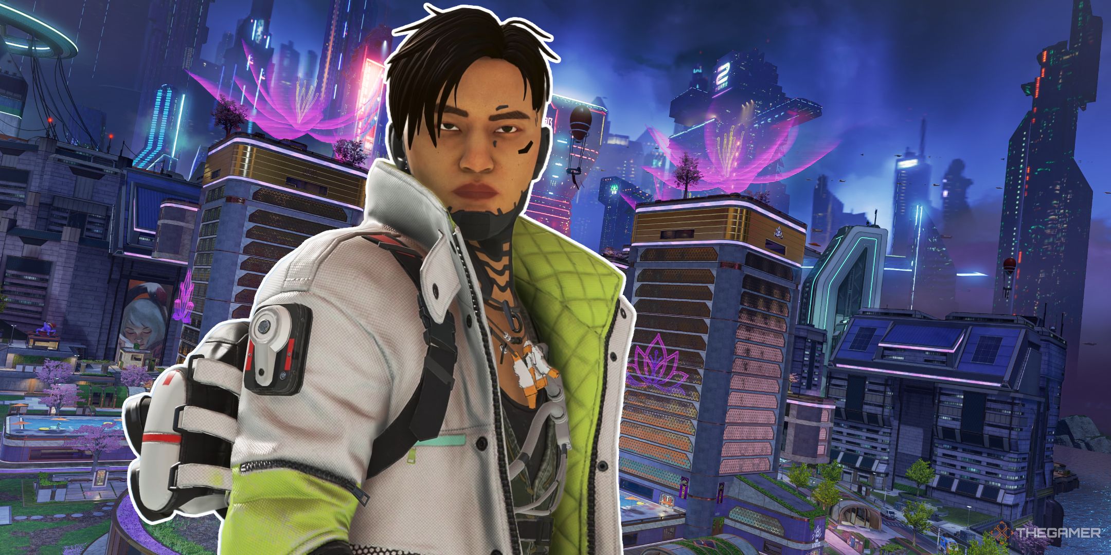 Apex Legends' Crypto in front of E-District