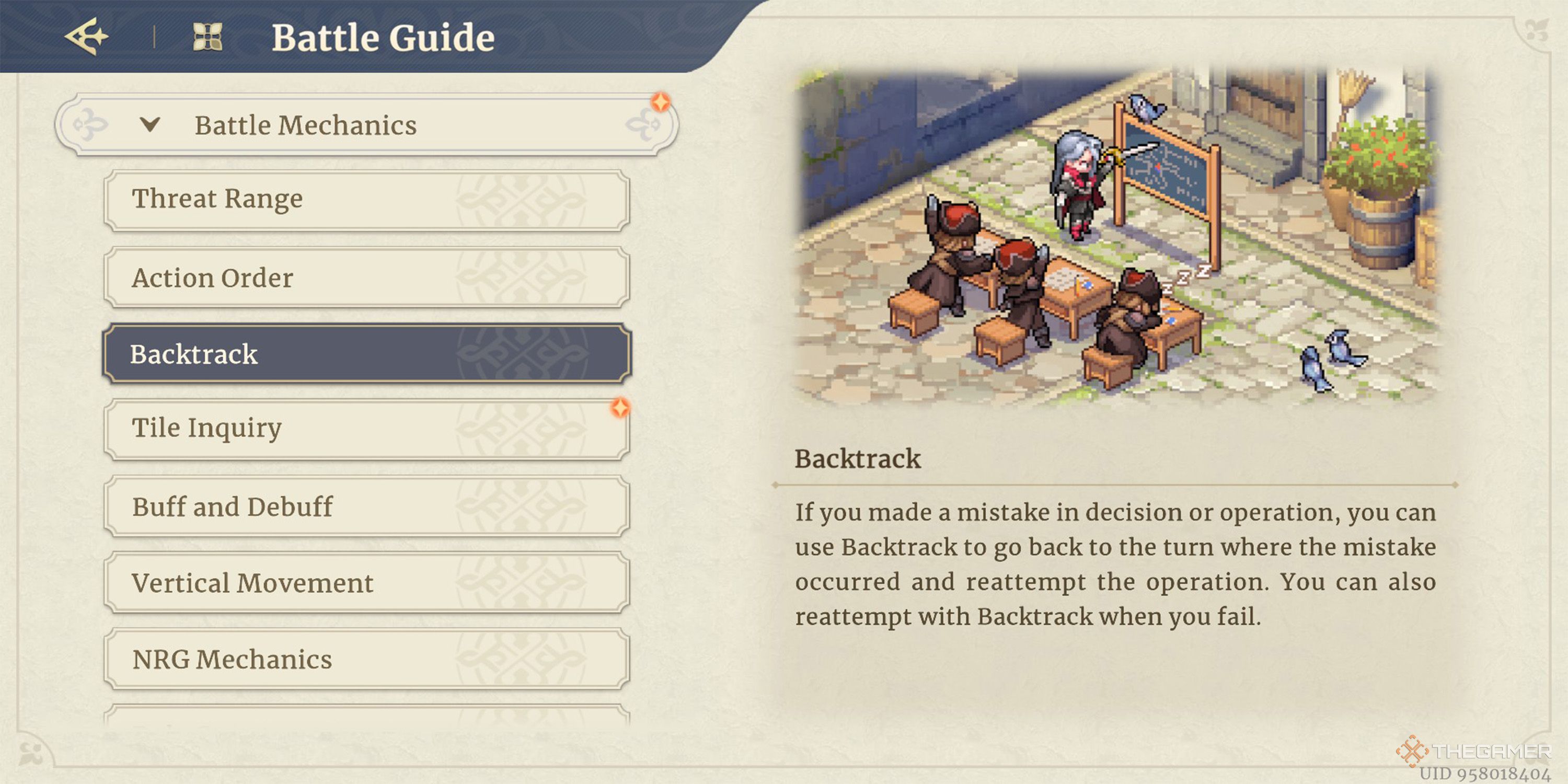 This page of Sword Of Convallaria&rsquo;s Battle Guide explains the Backtrack combat mechanic.