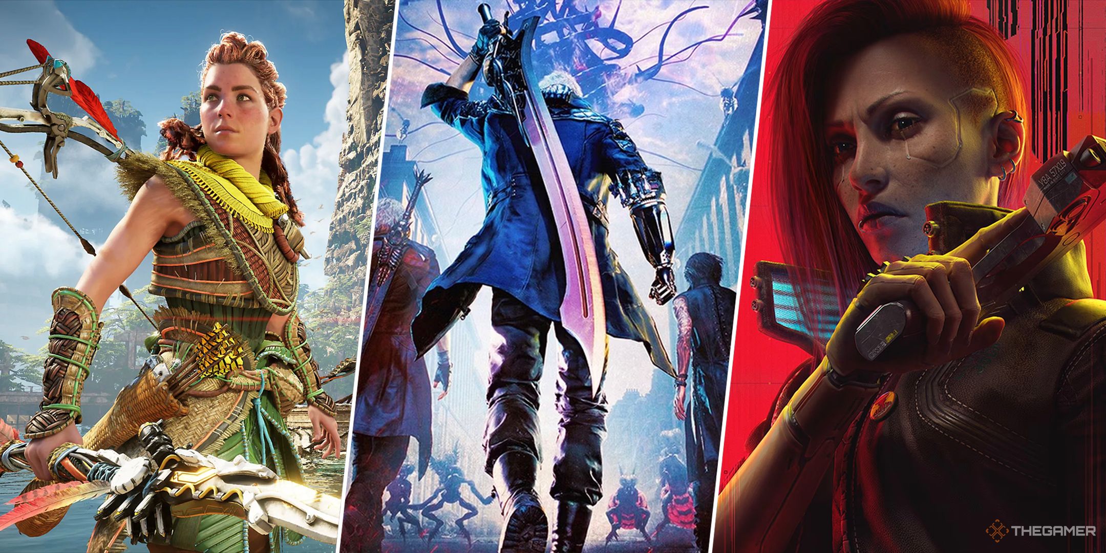 Horizon Forbidden West Aloy, Devil May Cry 5 Dante, and Cyberpunk 2077 V split.