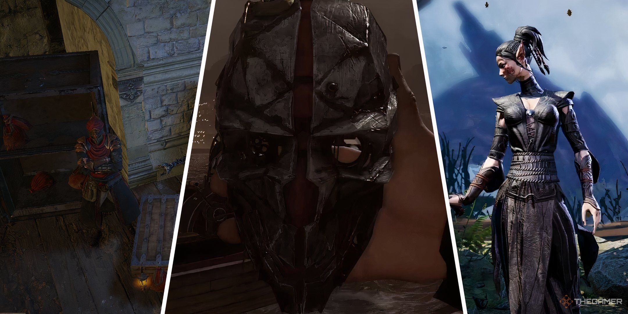 A split image of Karst from Path of Exile, Corvo Attano's mask, and Sebille from Divinity Original Sin: 2.