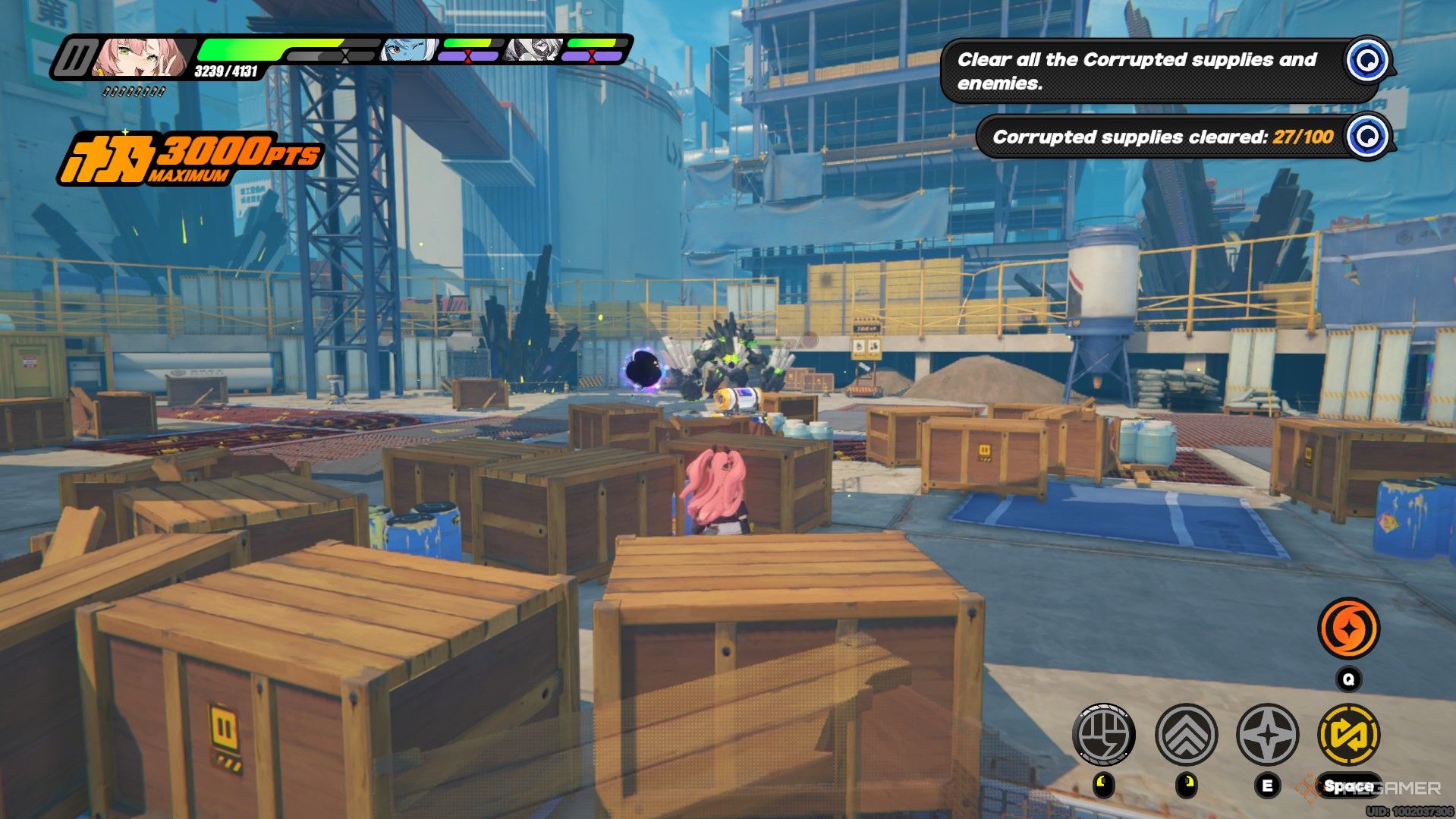 A glowing green monster in the distance while Nicole is surrounded by boxes in Zenless Zone Zero.