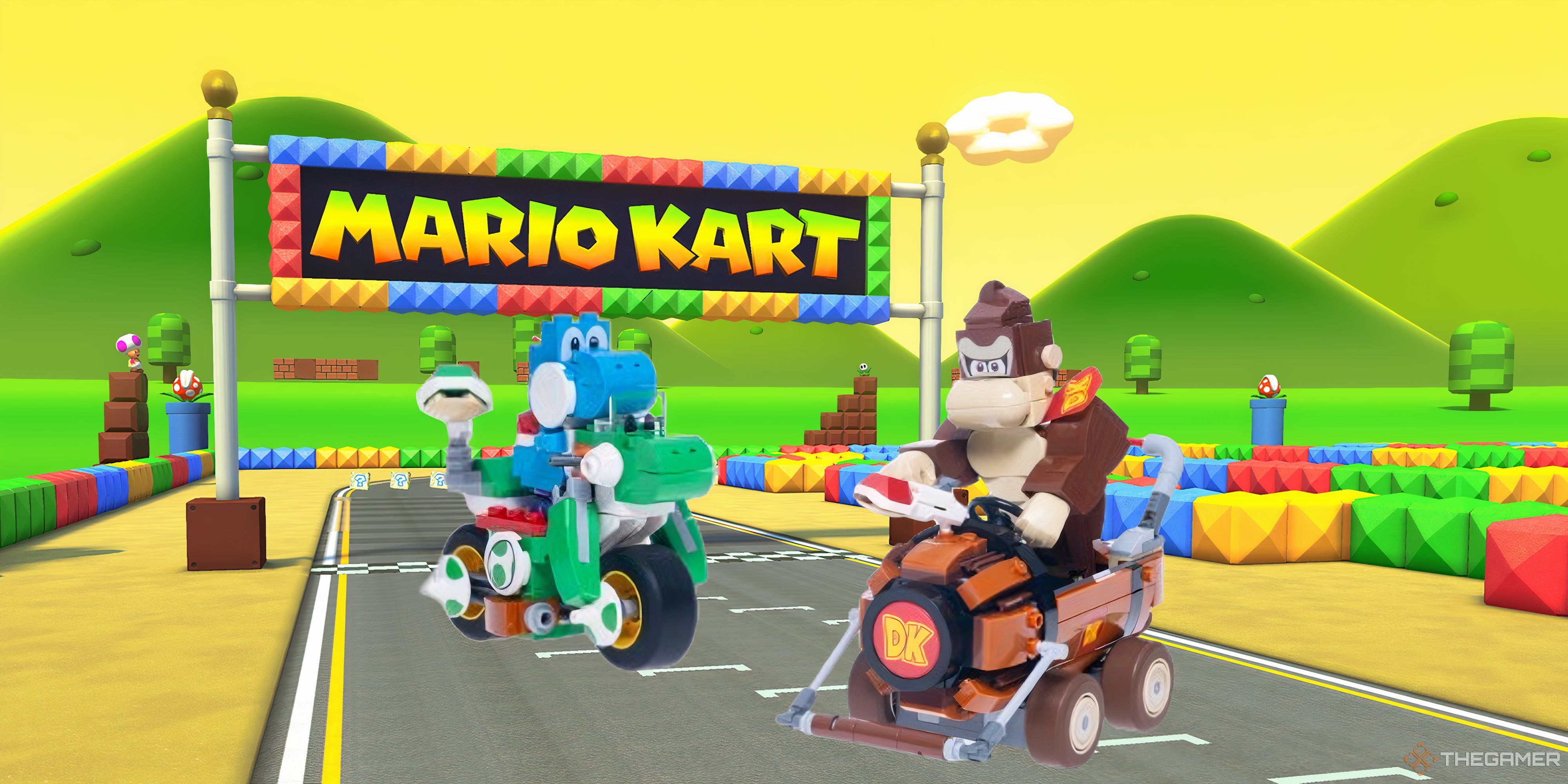 blue yoshi and donkey kong lego on a mario kart track