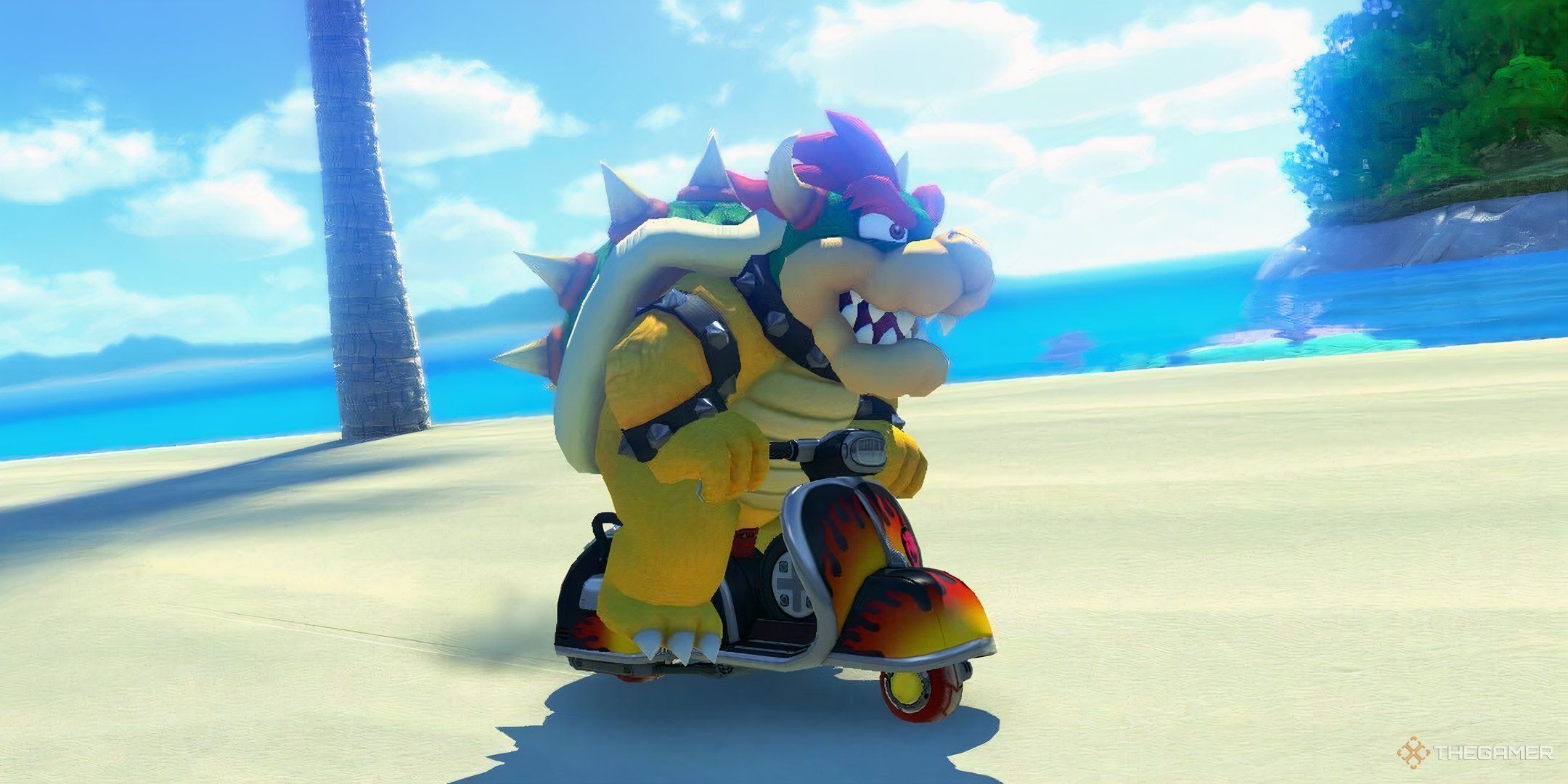 Bowser driving on Cheep Cheep Beach in Mario Kart 8 Deluxe.