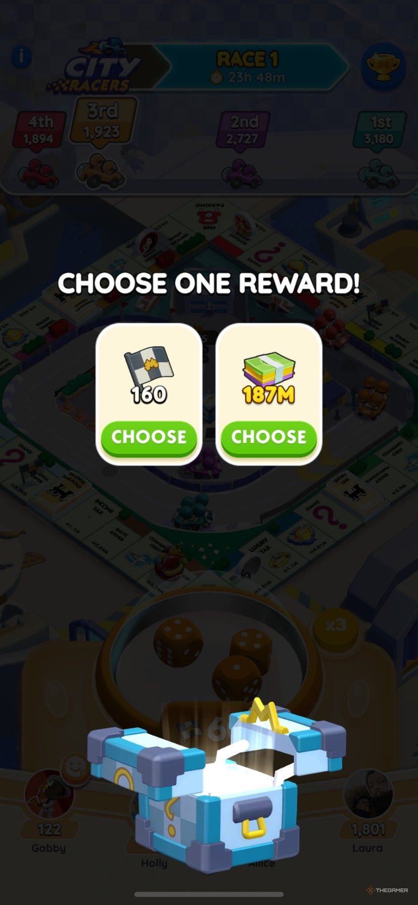 Choosing either Flag tokens or cash as a lap reward in City Racers in Monopoly Go.