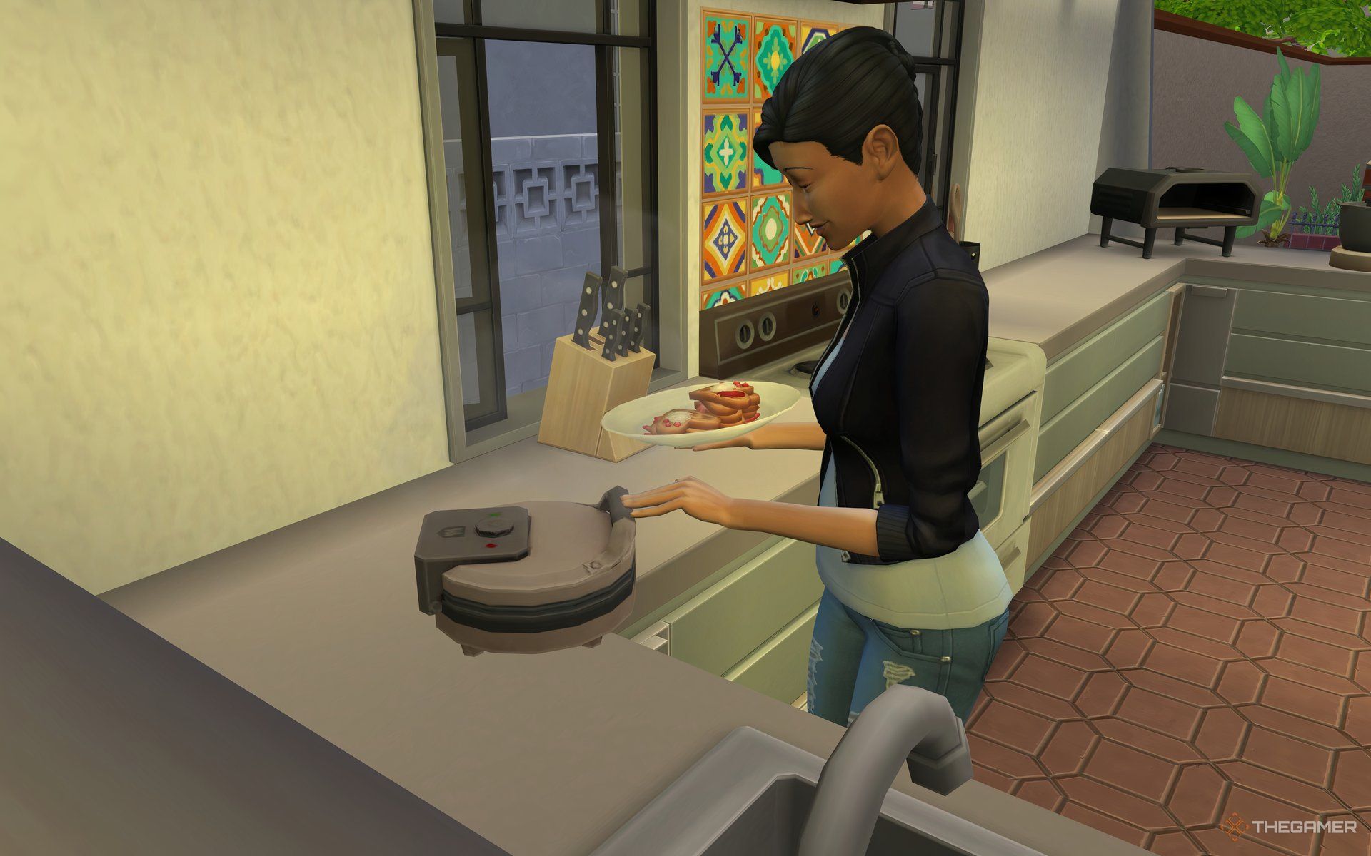 Collecting waffles from a waffle iron in The Sims 4 Home Chef Hustle to sell at a food stall.