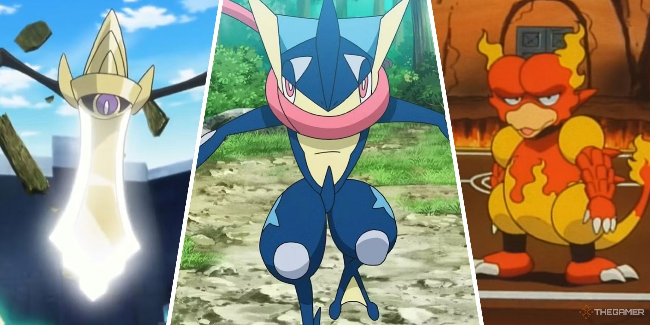 A split image of Aegislash, Greninja, and Magmar from the Pokemon Anime.