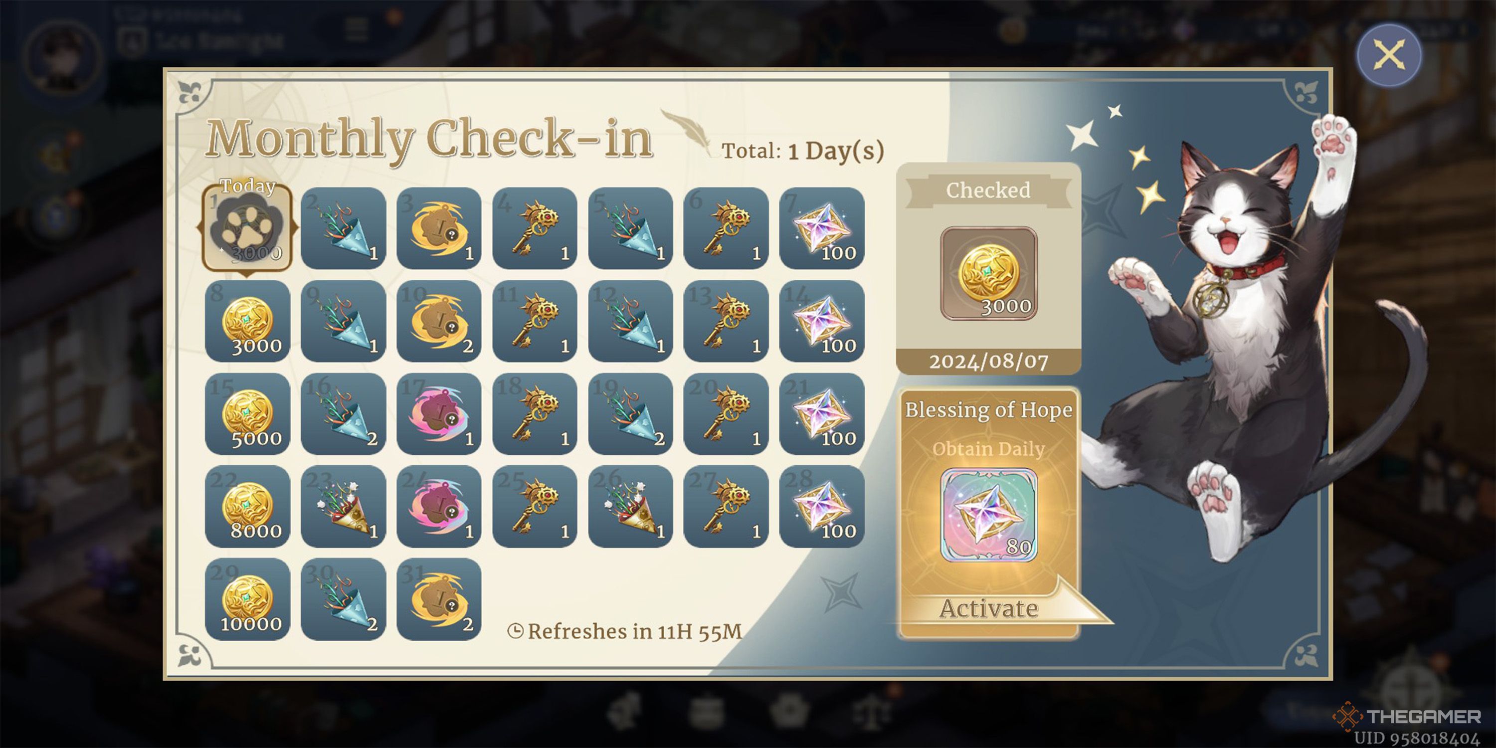The mysterious Elysium cat greets you with a daily reward in Sword Of Convallaria&rsquo;s Monthly Check-in.