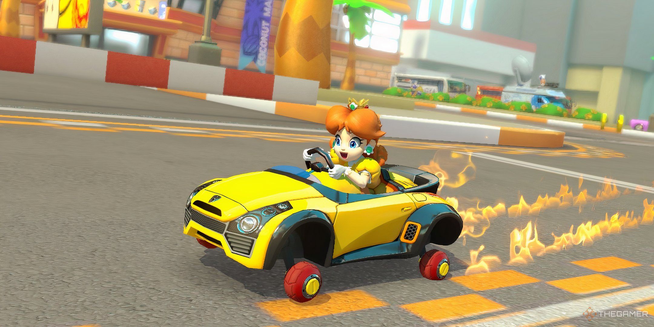 Daisy boosting through Coconut Mall in Mario Kart 8 Deluxe.