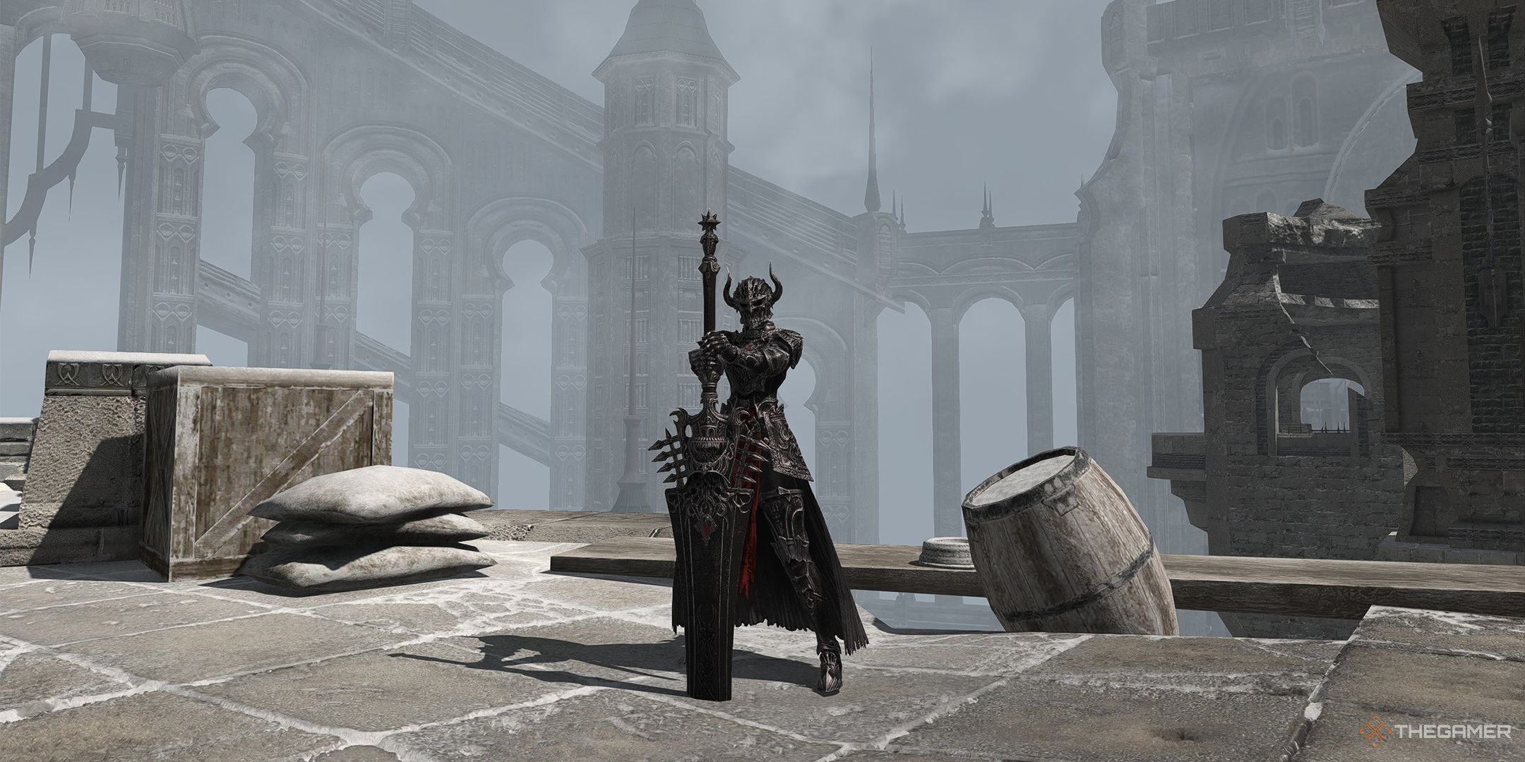 A Dark Knight wearing the level 90 Artifact Gear in Ishgard.