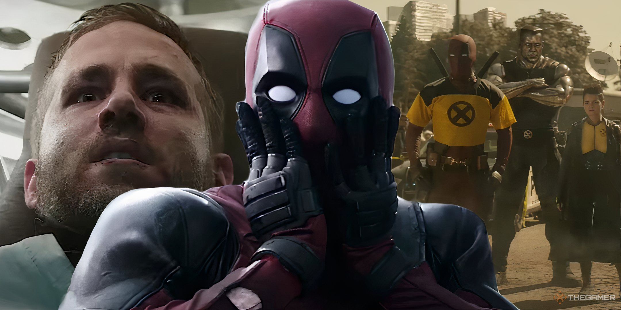 Deadpool movie image showing Deadpool slapping his face, Wade Wilson in a hospital bed and Deadpool from the second movie in the background.