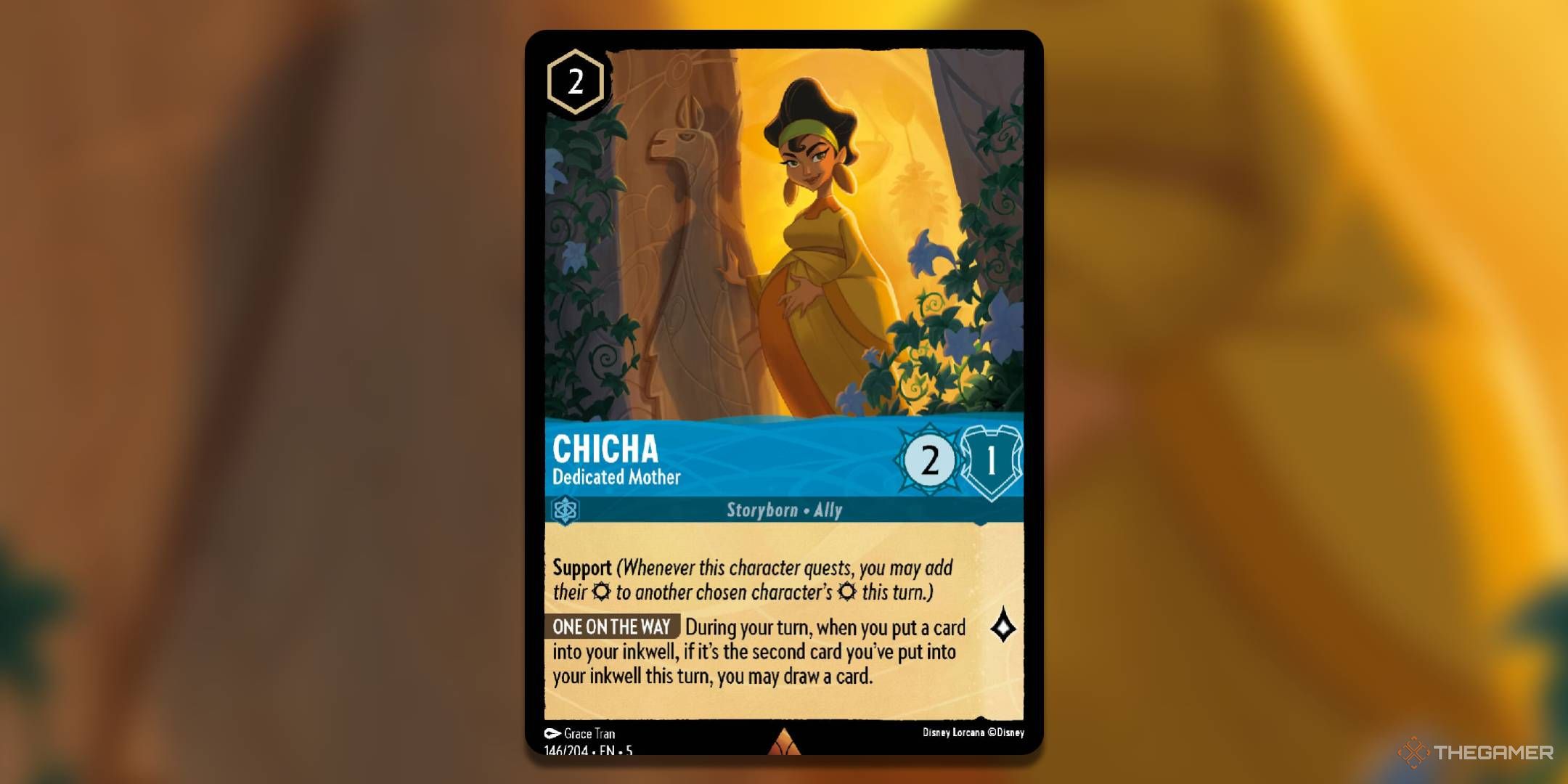 Disney Lorcana Chicha, “Dedicated Mother” card on blurred background.