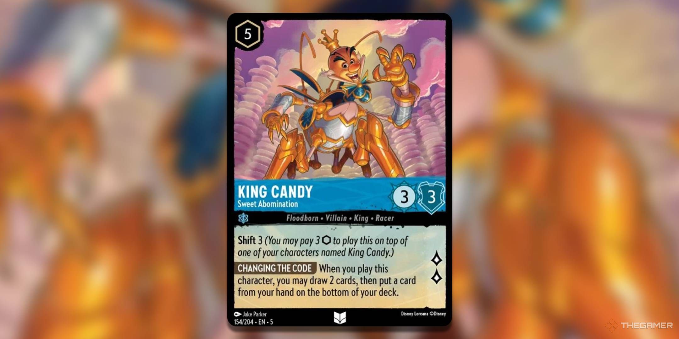 Disney Lorcana King Candy cute Abomination card on blurred background.