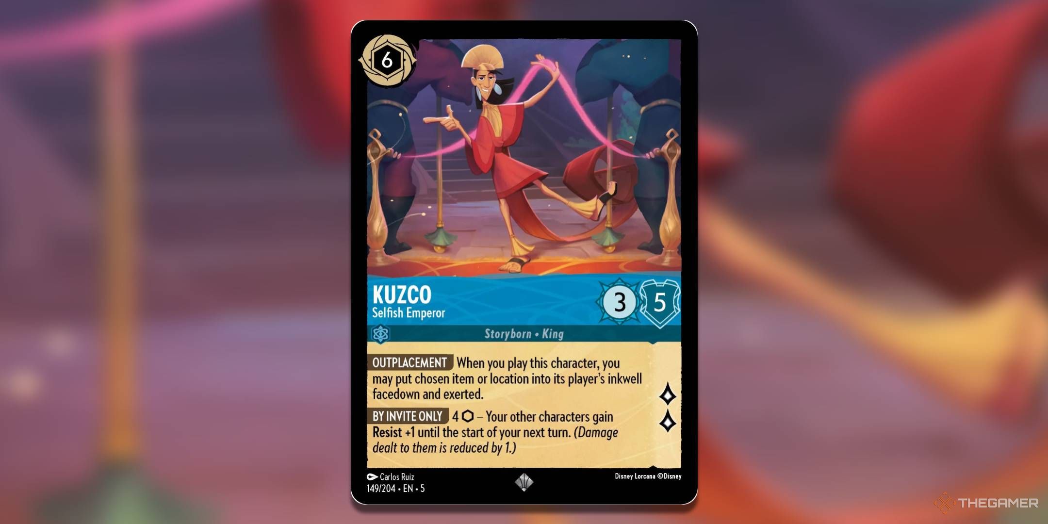 Disney Lorcana Kuzco, Card of the Selfish Emperor on blurred background.