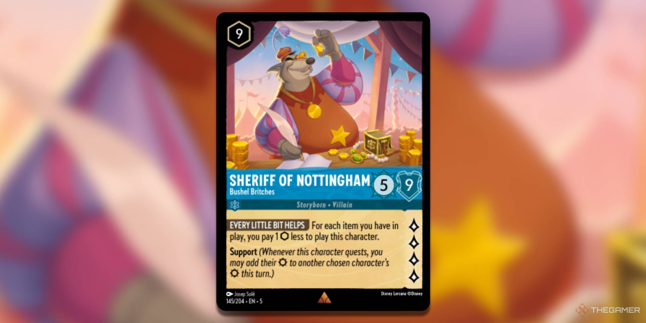 Disney Lorcana Sheriff of Nottingham, Bushel Britches card on blurred background.