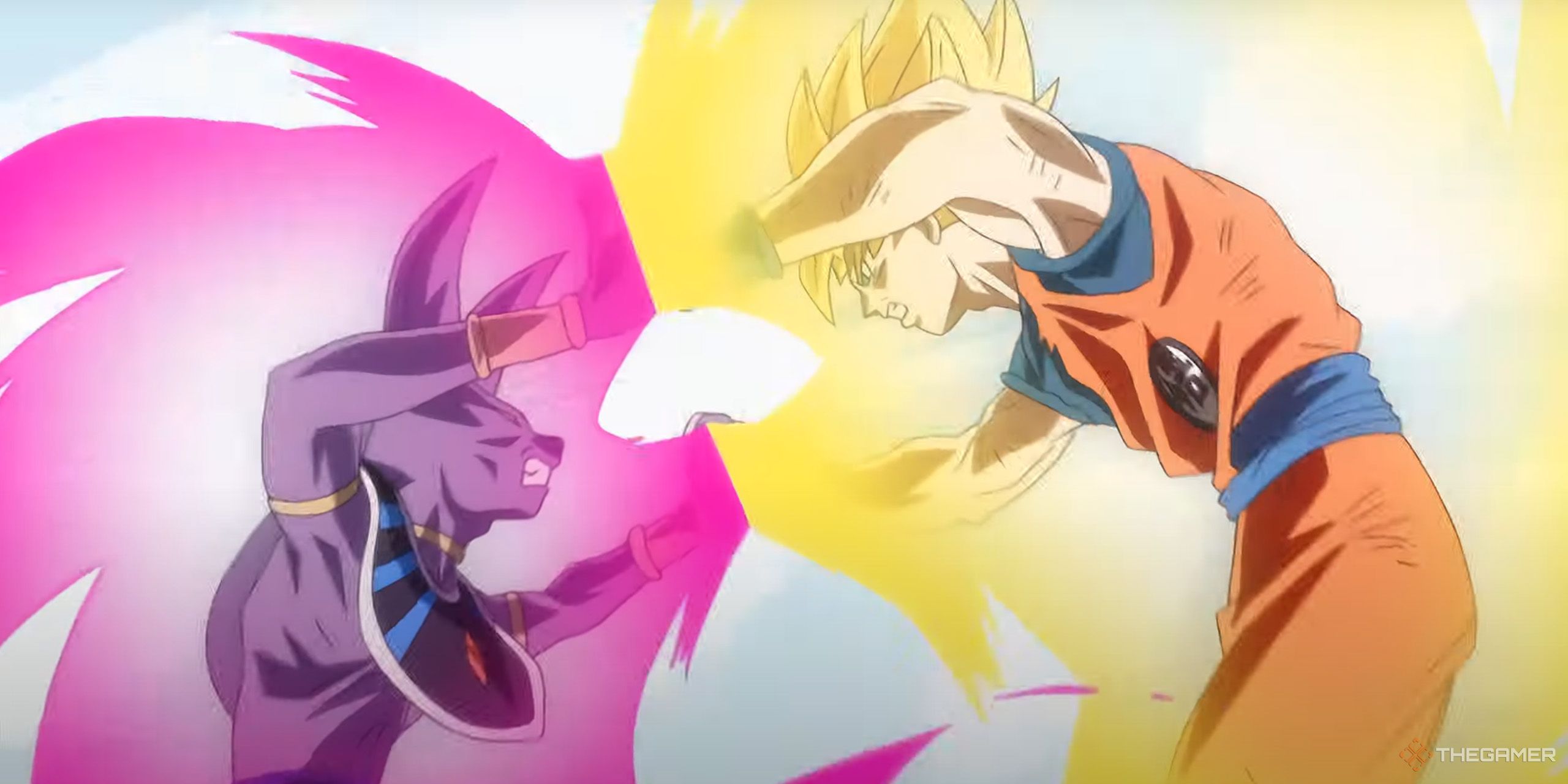 Super Saiyan Goku locking hands with Beerus in an intense fight from Dragon Ball Super.