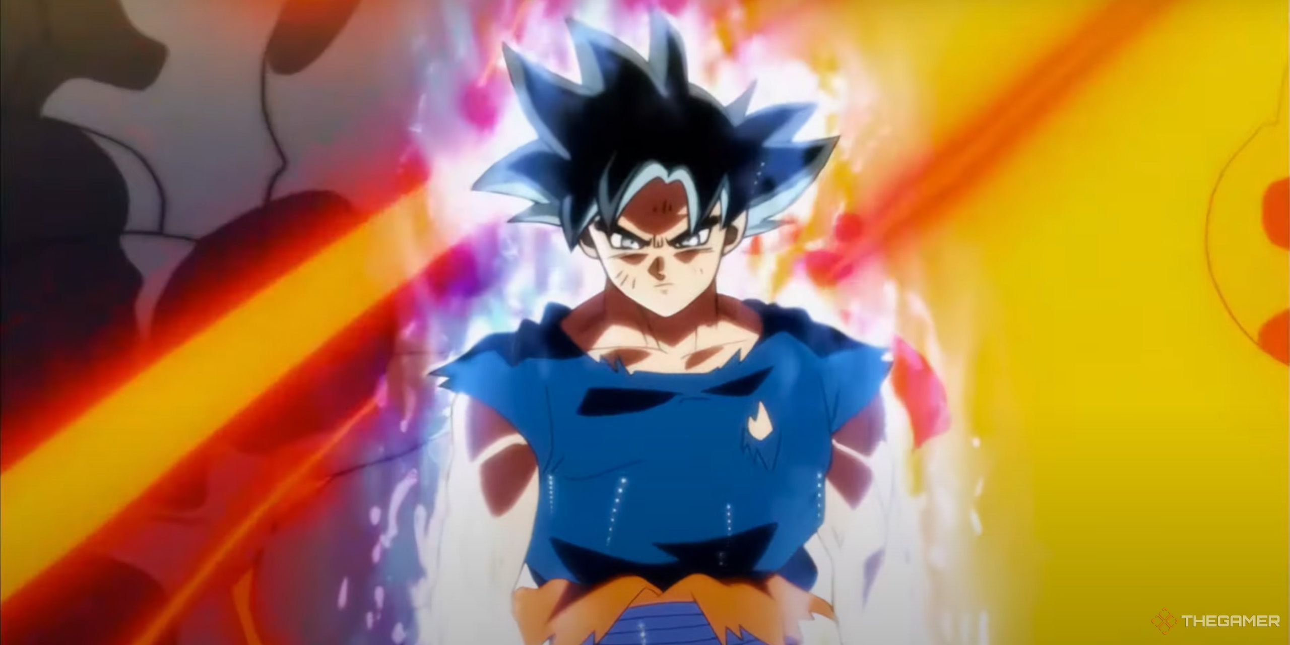 Goku emerging from a wall of flames while radiating energy from Dragon Ball Super.