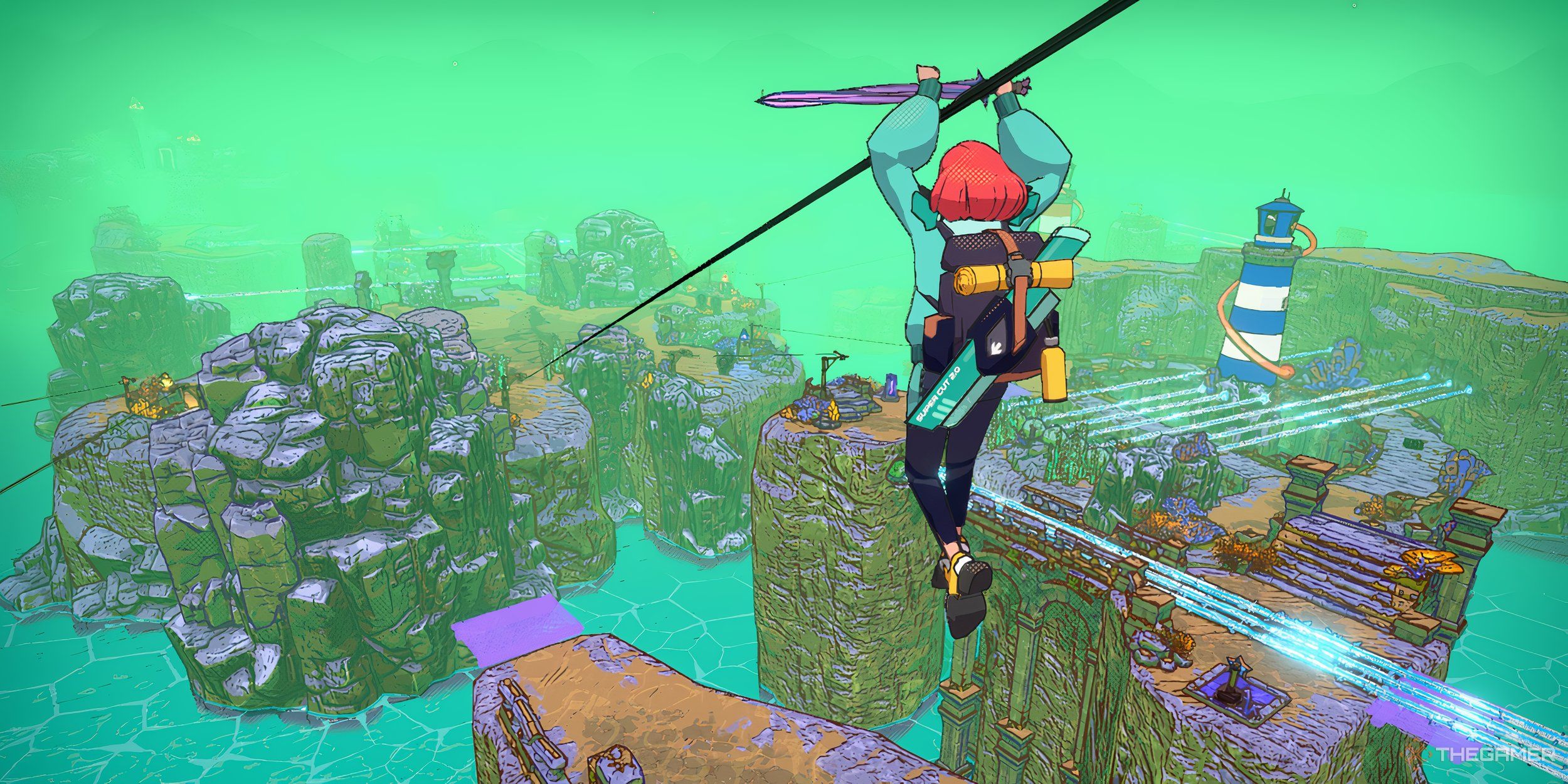 Luisa rides her sword on a zip line underwater past a lighthouse.