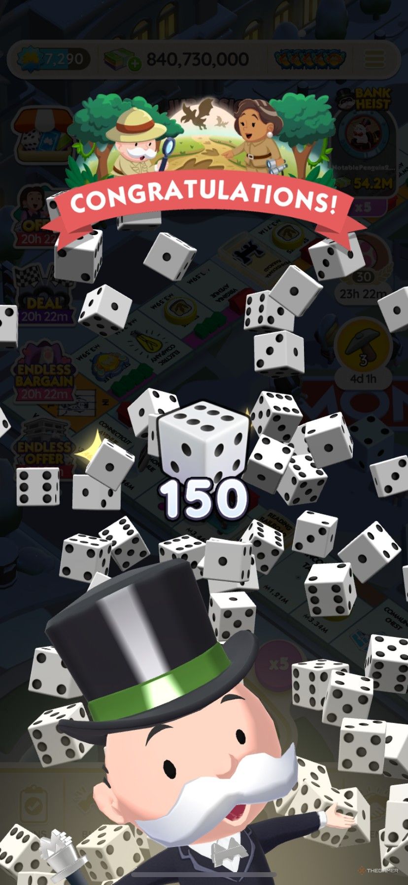 Earning 150 dice rolls in Monopoly Go for Jurassic Journey.